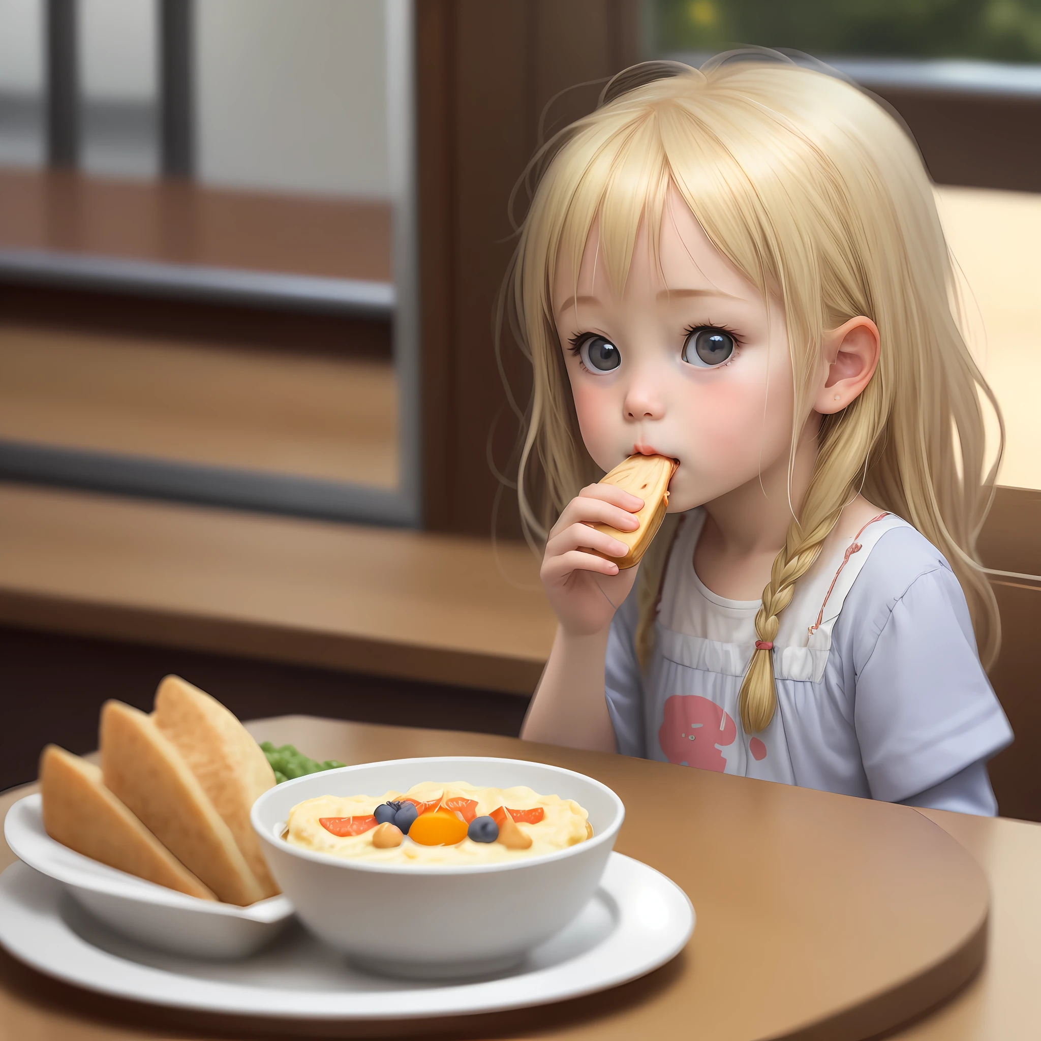 A little blonde girl was eating breakfast
