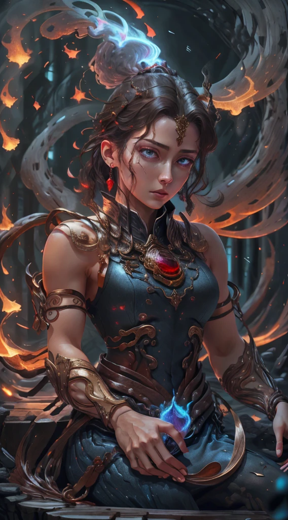 8k, complex, elegant, highly detailed, majestic, digital photography, denim lens, surrealist painting, broken ruby, beating magic, winding fire magic, (masterpiece, side light, fine beautiful eyes: 1.2), HDR, Void 5 energy storm, (Chinese girl, black eyes: 1.5), pale skin, glowing skin, ( Sitting on a stone: 1.5), delicate face, black hair, wearing palatial red armor, bare shoulders, navel, short skirt, fine red armor, raining, beautiful, looking at the audience, turning away from the camera, masterpiece, upper body,