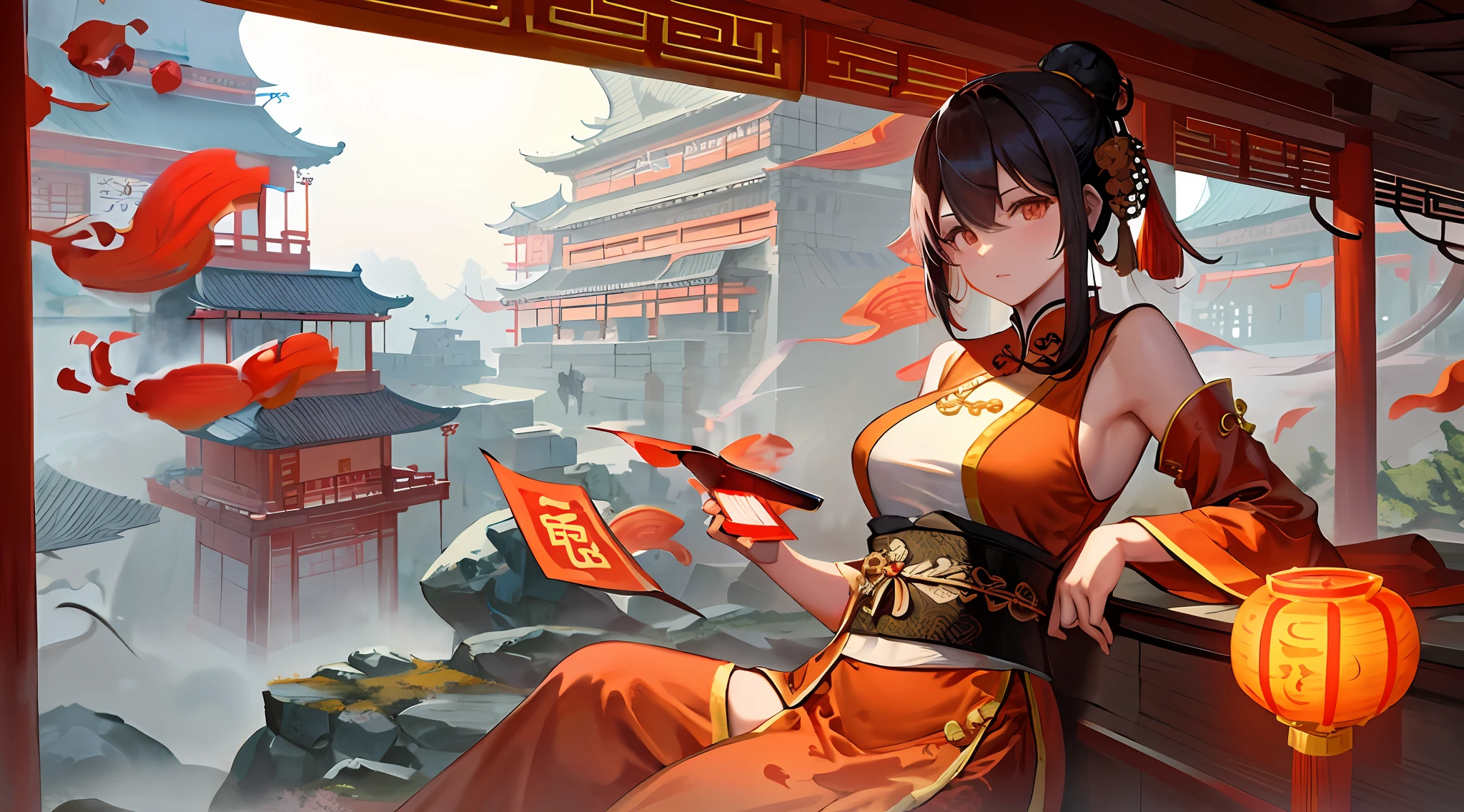 anime girl sitting on a ledge with a cell phone in her hand, palace , a girl in hanfu, anime style 4 k, g liulian art style, artgerm and atey ghailan, anime art wallpaper 8 k, onmyoji detailed art, kawacy, trending on cgstation, guweiz on pixiv artstation