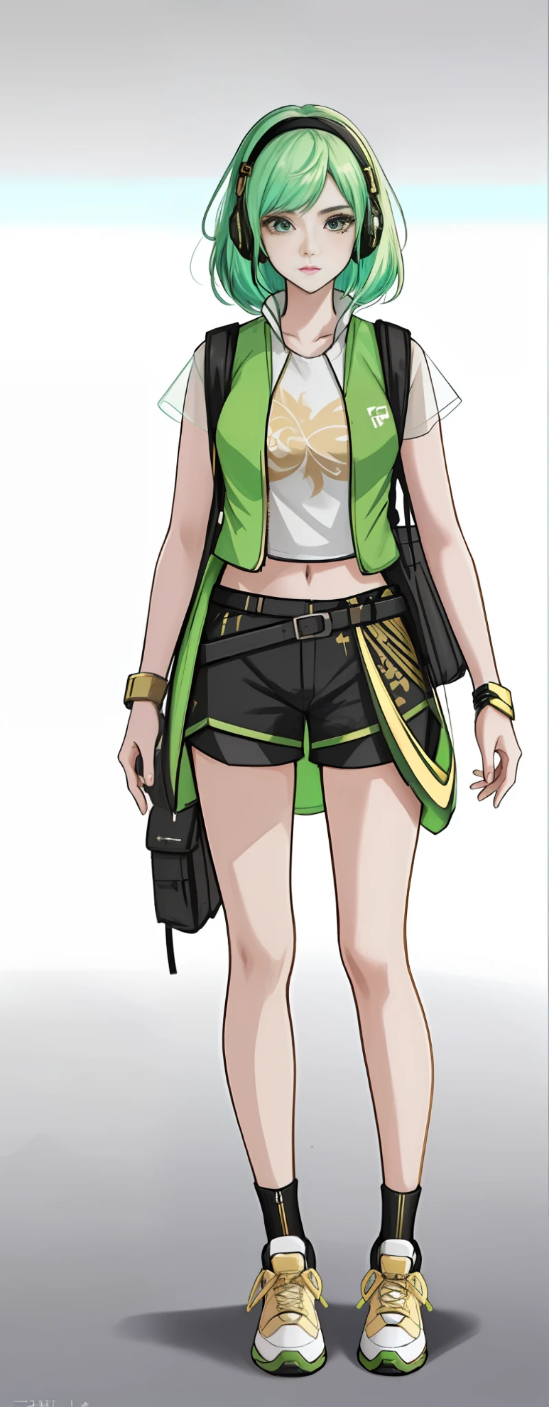 girl, vertical painting, natural light, global light, front view, fashion, gold dragon pattern, pattern, clothing, headset, zipper, buttons, pattern, logo, pleats, belt, sophisticated, generate more details, light green hair, dark green vest, light green t-shirt, black shorts, sneakers, black backpack, modern, anime style, anime, modern, futuristic, first-person perspective, panorama, concept art, uhd, masterpiece, ccurate, textured skin, super detail, high detail, high quality, Best quality, high resolution, no background, white background
