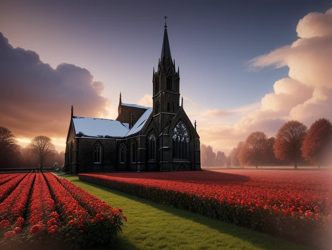 Winter, Morning, Clouds, Red Rose Garden and Magical Church in England Field, Fire, Ultra Wide Angle, 4K, Fairy Tale, Light Effects, Dreams, Greg Rutkowski, Unreal Engine, James Gurney, Art Station.
