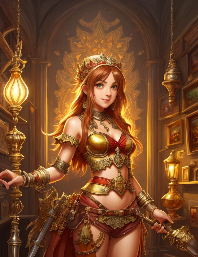 commercial fantasy painting in art gallery, in the style of detailed character illustrations, light silver and amber, hyperrealistic illustrations, charming character illustrations, light gold and red, detailed character expressions, style raw