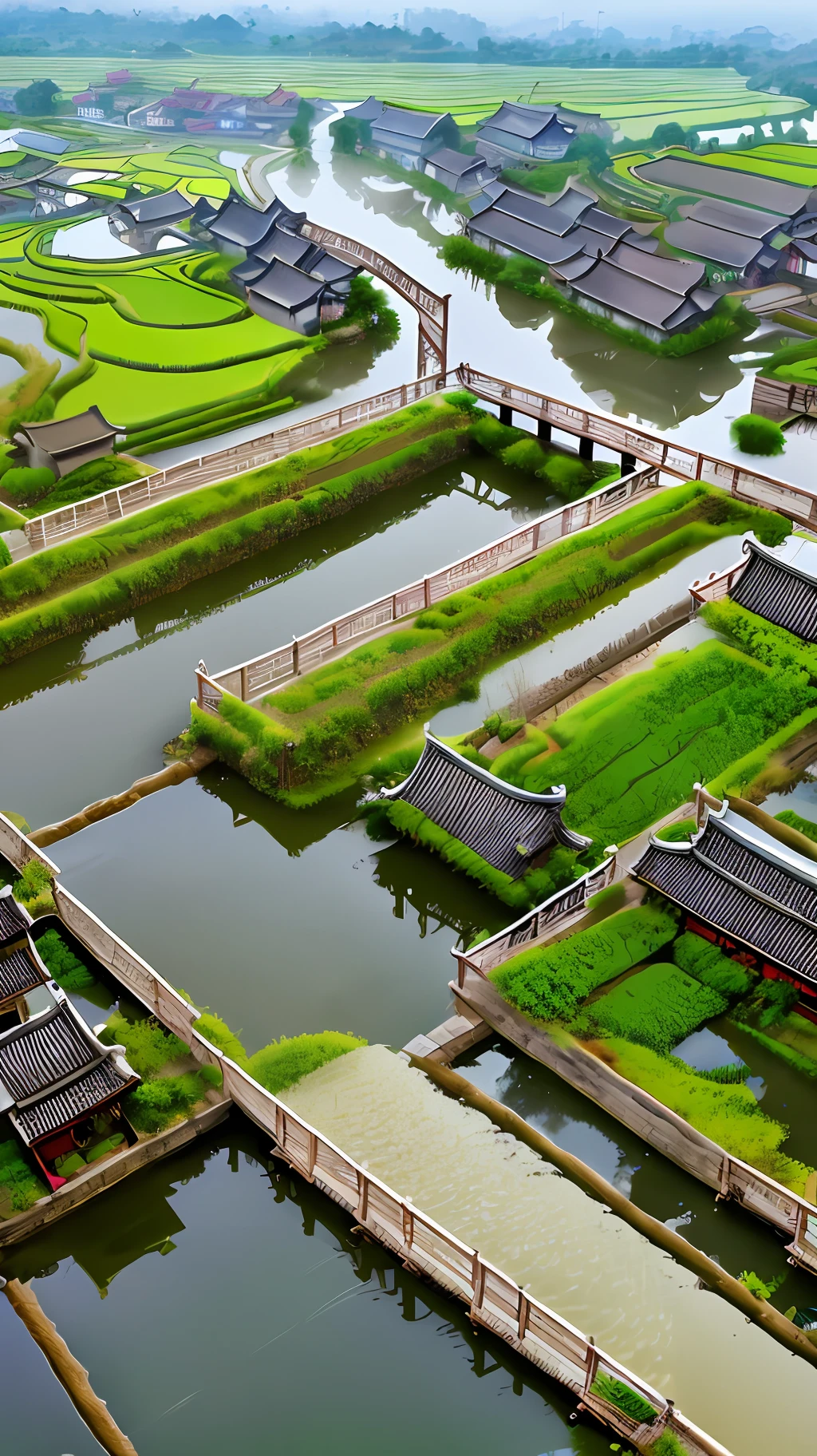 Jiangnan water town, sunny day, rice fields, small bridges, flowing water, fog, willows, plum blossom birds