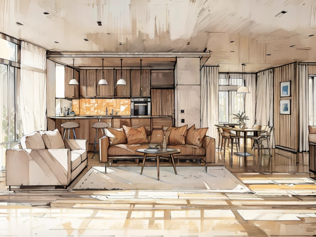 a sketch of a beautiful modern living room, (((foster and partners, artists impression, artistic impression, by Hamish MacDonald, by Carey Morris, by David Brewster, higher detailed illustration, by Helen Berman, an illustration, detailed illustration, by Nick Fudge, by Warren Mahy, artist's impression))), a red kitchen cabinet behind the white sofa, with minimal pictures on the wall, linen curtain next to the classroom window, coffee table, modern wood, ceiling with magnetic emissive lighting, white fabric PRB textures, wooden floor PRB texture,
