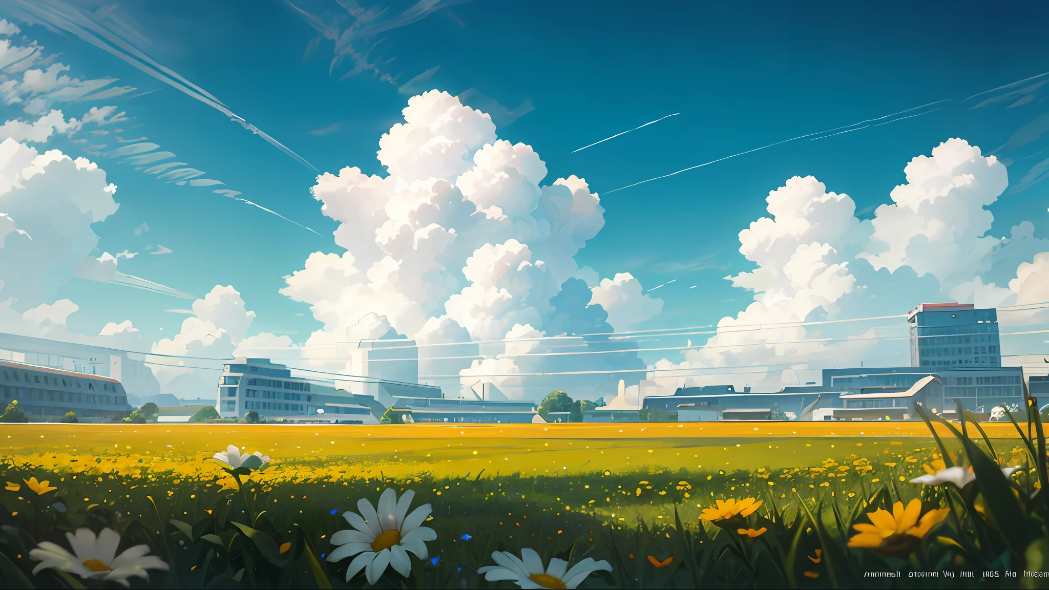 Summer, meadows, a few flowers, heaven, large clouds, blue sky, hot weather, HD detail, wet watermark, hyperdetail, cinematic, surrealism, soft light, deep field focus bokeh, ray tracing, and surrealism. --v6