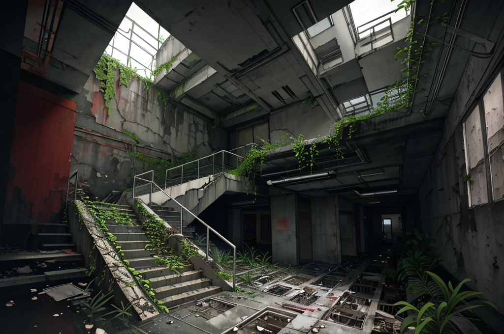 abandoned broken window, concrete, day, dilapidated escalator, flood, pit in the room no people, overgrown plants, post-apocalypse, railings, ruins, landscape, signboard, branded staircase, stone staircase, sunlight, water