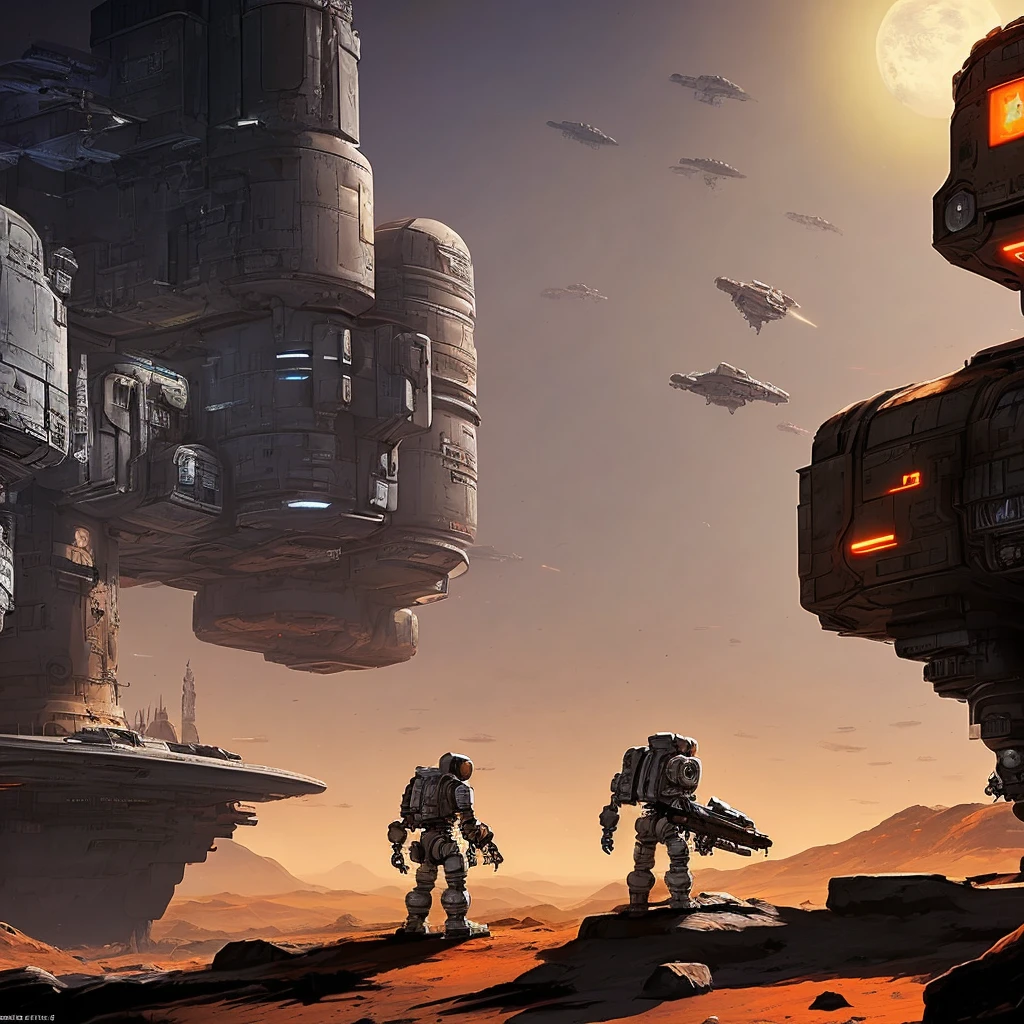 On the moon,barren planets, ruins, holding_weapon, no_humans, glowing, robot, building, glowing_eyes,orange mecha, science_fiction, city, realistic,mecha,Milky Way Galaxy background,neon,cyberpunk,