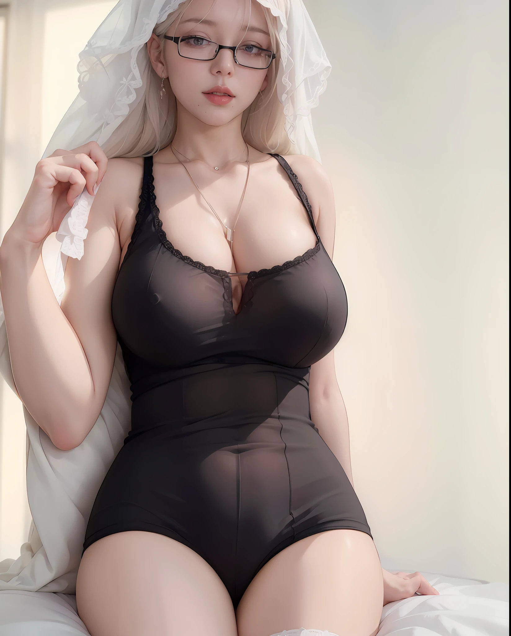 Lying down, white glasses, short white hair, (8k, RAW photo, photorealistic:1.25) ,( lip gloss, eyelashes, glossy surface, shiny skin, best quality, super high resolution, depth of field, chromatic aberration, caustics , wide light, natural shade, Kpop idol) looking at viewer with serenity and goddess-like bliss, full body, big breasts, white underwear, black stockings, see-through shirt, white shirt, secretary