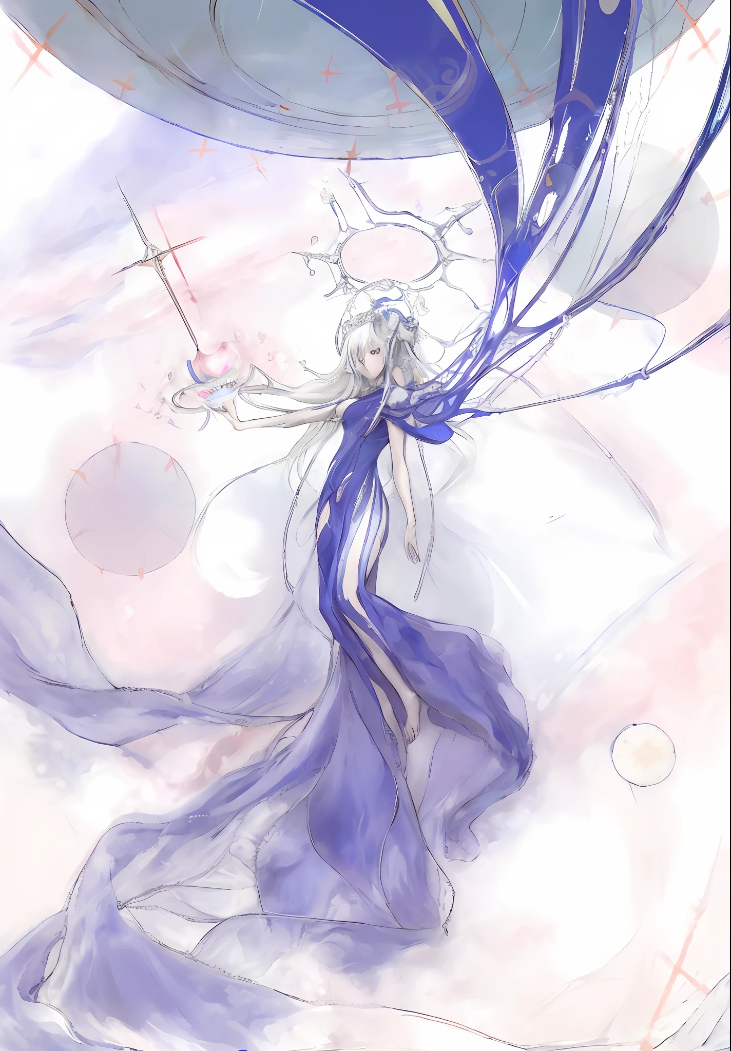 anime - style drawing of a woman in a blue dress with a large umbrella, jellyfish priestess, inspired by amano, beautiful celestial mage, white haired deity, ((a beautiful fantasy empress)), astral fairy, sky witch, goddess of space and time, astral ethereal, anime fantasy illustration, ethereal anime, celestial goddess, final fantasy fan art