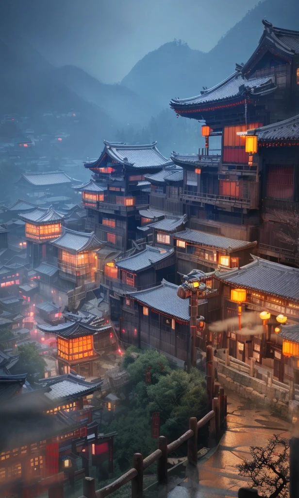 arafed view of a village with a lot of lights on the buildings, dreamy chinese town, chinese village, amazing wallpaper, japanese town, japanese village, hyper realistic photo of a town, old asian village, japanese city, by Raymond Han, rainy evening, cyberpunk chinese ancient castle, beautifully lit buildings, at evening during rain, beautiful and aesthetic, photography, cinematic, 8k, high detailed ((Heavy rain)))