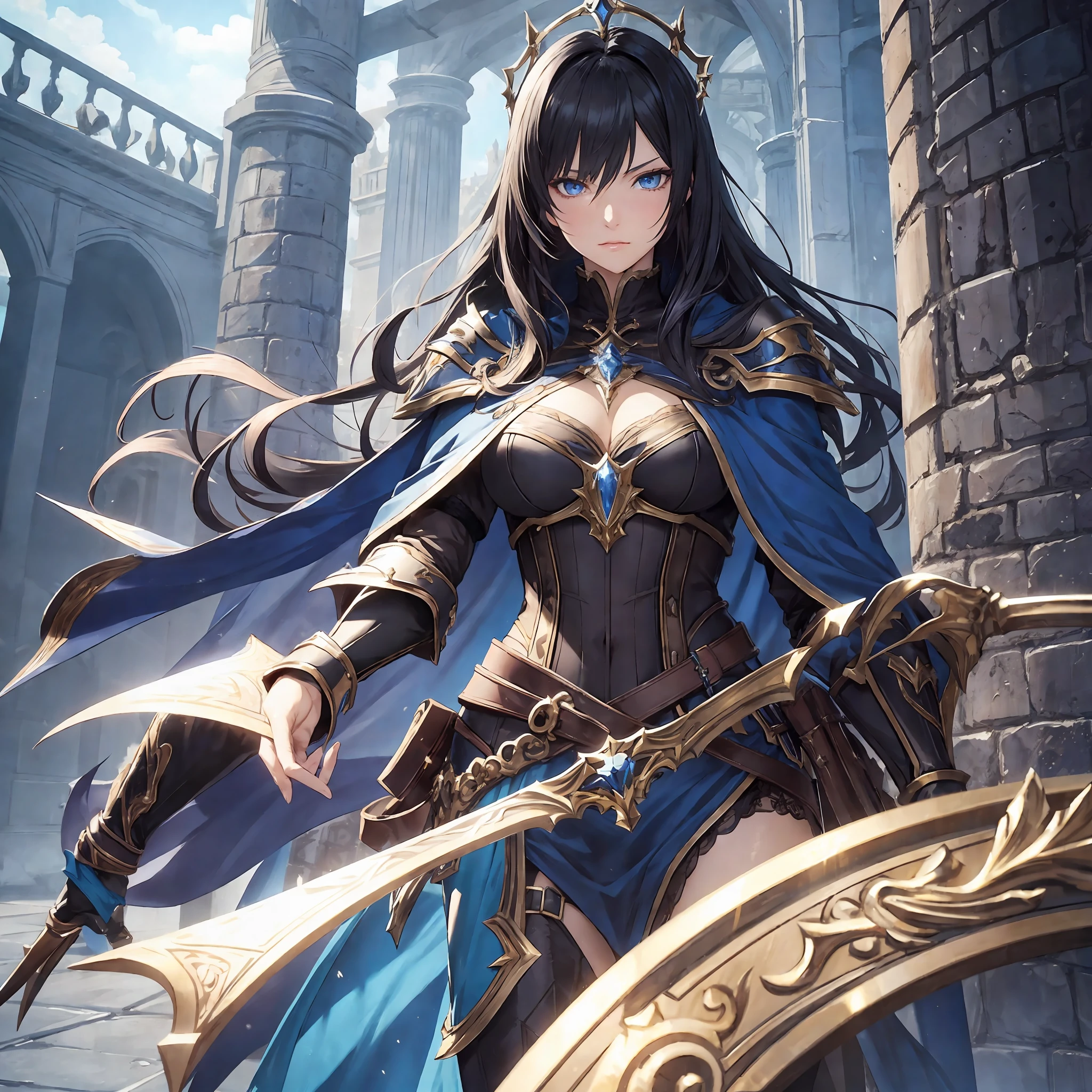 masterpiece, best quality, 1woman adult, older milf, female focus, solo, black hair, vibrant blue eyes, long hair with fringe, looking at viewer, cape, Sorceress, High quality metal texture, semi metal armor, closed mouth, upper body, bangs, high collar,(kbxll:0.6), Fantasy aesthetics, Highly detailed, shadowverse character concept, shadowverse style