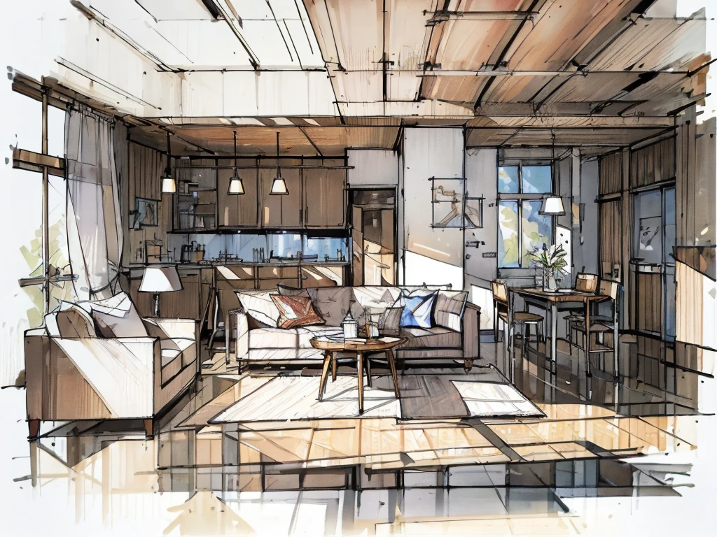 a sketch of a beautiful modern living room, (((foster and partners, artists impression, artistic impression, by Hamish MacDonald, by Carey Morris, by David Brewster, higher detailed illustration, by Helen Berman, an illustration, detailed illustration, by Nick Fudge, by Warren Mahy, artist's impression))), a red kitchen cabinet behind the white sofa, with minimal pictures on the wall,(((white walls))), linen curtain next to the classroom window, coffee table, modern wood, ceiling with magnetic emissive lighting, white fabric PRB textures, wooden floor PRB texture,
