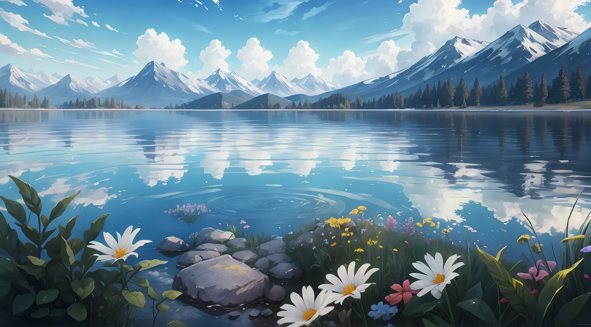 Summer, meadows, few small flowers, clear lakes, paradise, large clouds, blue sky, hot weather, HD detail, hyper-detail, cinematic, surrealism, soft light, deep field focus bokeh, distant snowy mountains, ray tracing, and surrealism. --v6