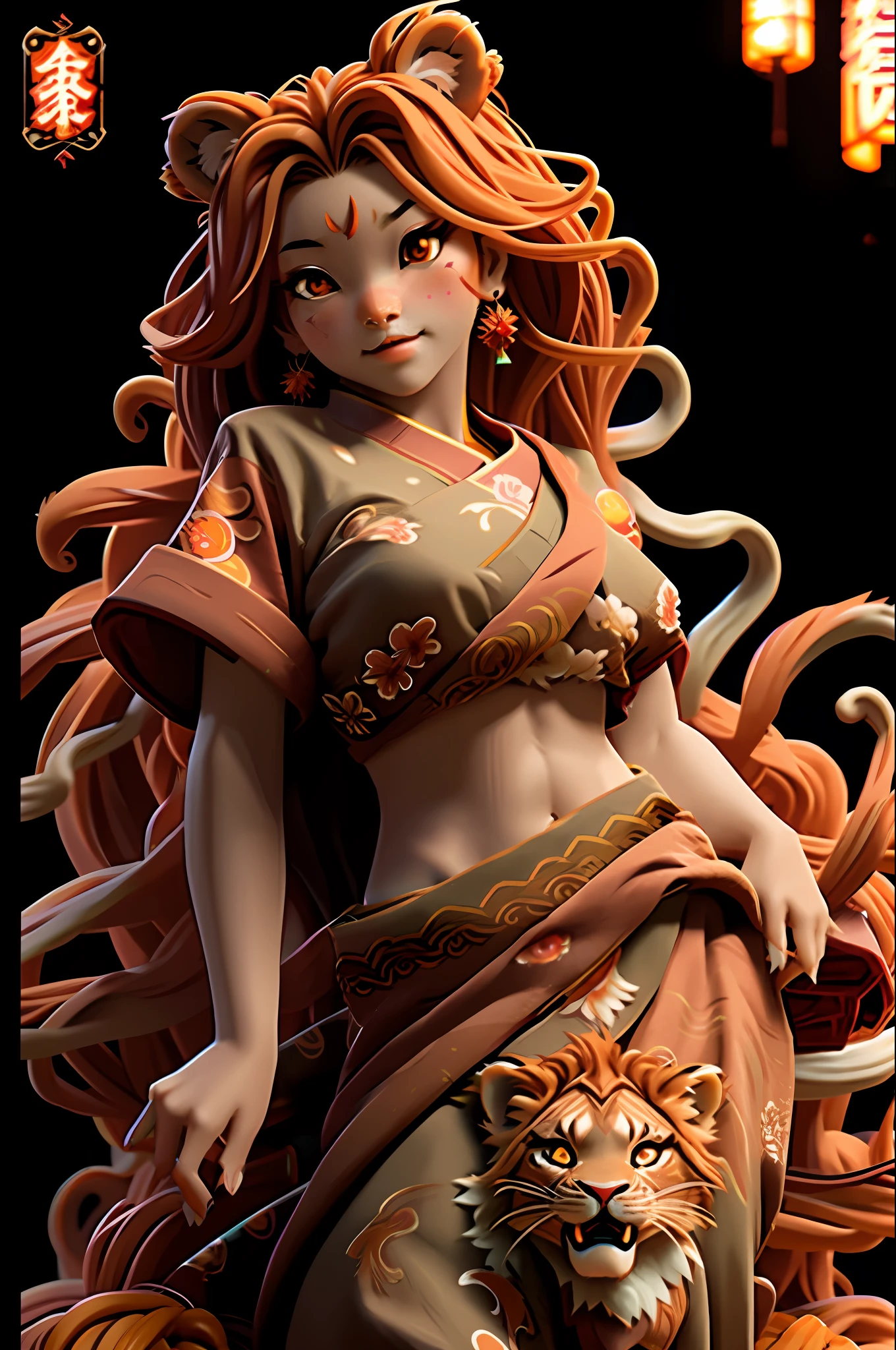 shihlaon lion anime poster with a big orange lion on top, in the style of chinese tradition, zbrush, contrasting light and dark tones, children's book illustrations, chinapunk, captivating visual storytelling, innovative page design