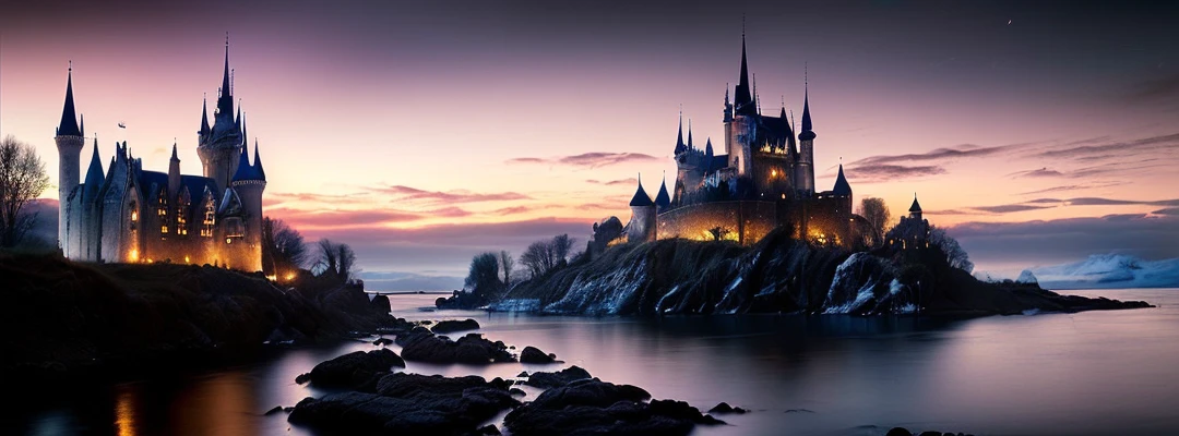 (Atmospheric, dreamy and nostalgic),(dusk, partially destroyed sand castle),(depth of field,wide angle),(large, fascinating),(water, waves mixing sand)