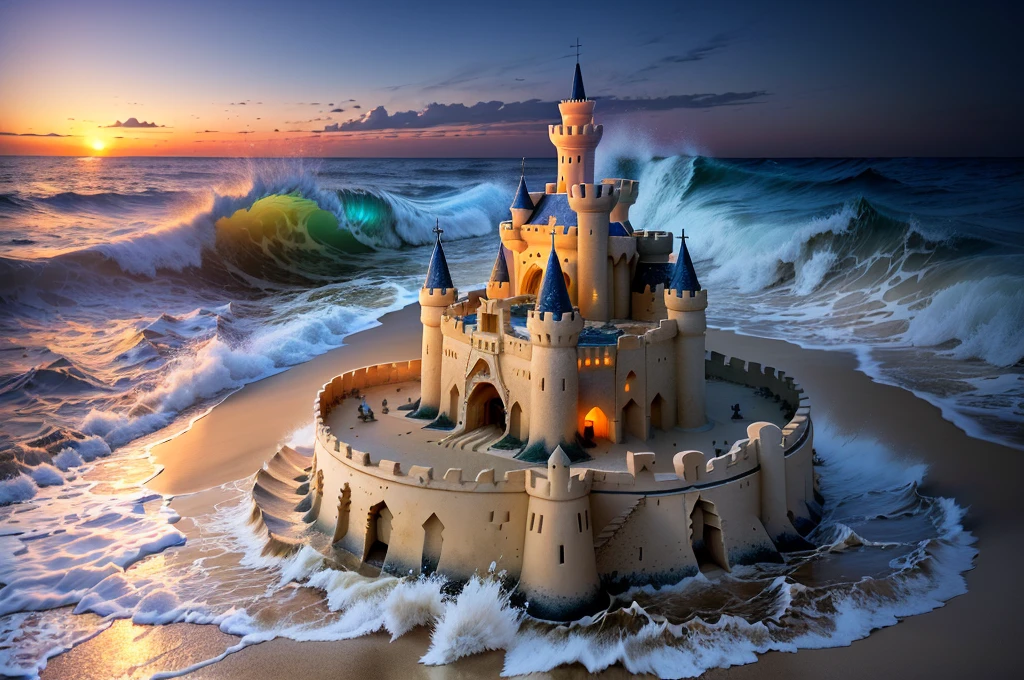 (Atmospheric, dreamy and nostalgic),(dusk, partially destroyed sand castle),(depth of field,wide angle),(large, fascinating),(water, waves mixing sand)