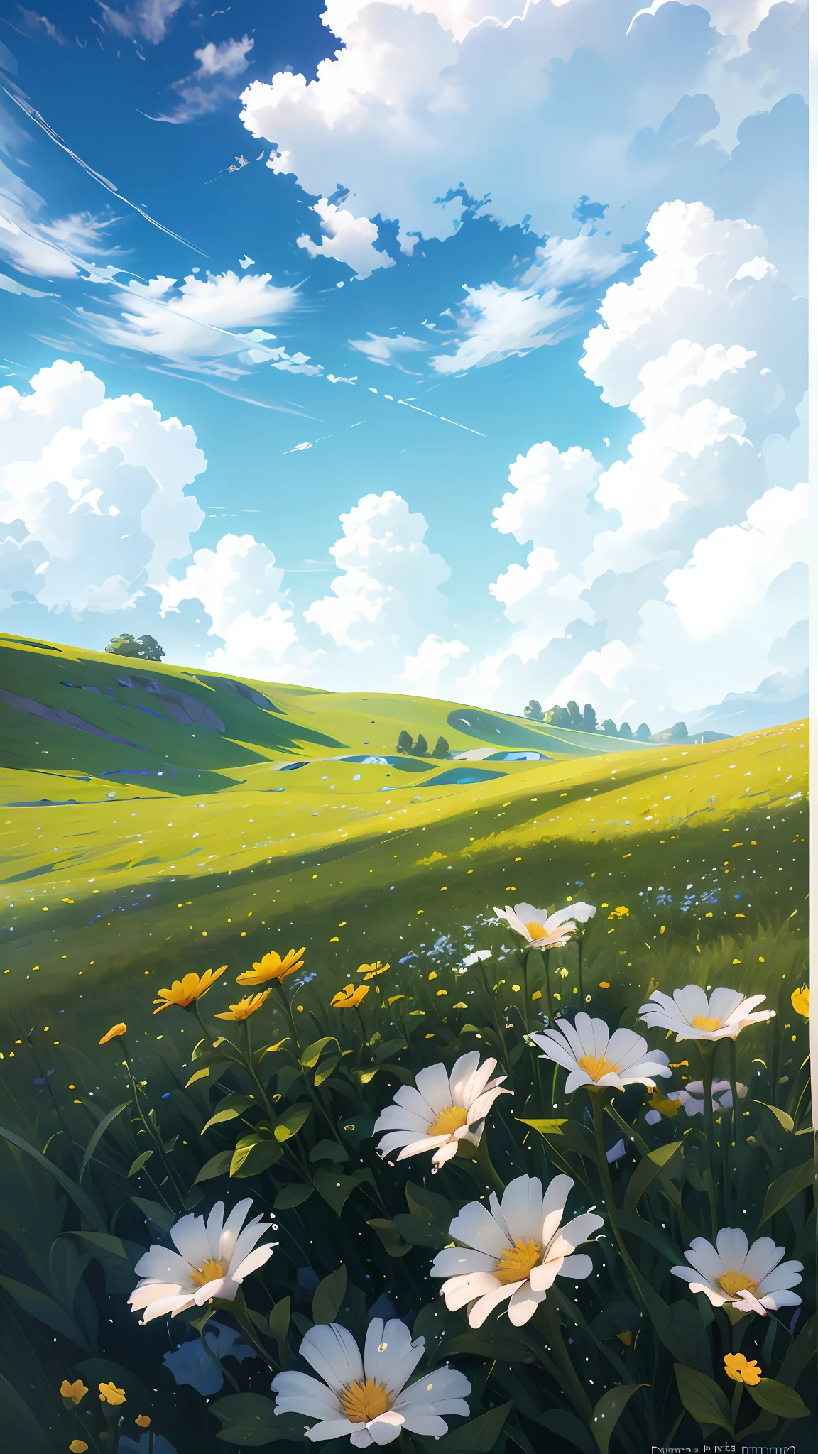 Summer, meadows, a few small flowers, heavenly views, large clouds, blue skies, hot weather, HD detail, wet watermarks, hyper-detail, cinematic, surrealism, soft light, deep field focus bokeh, ray tracing, and surrealism. --v6