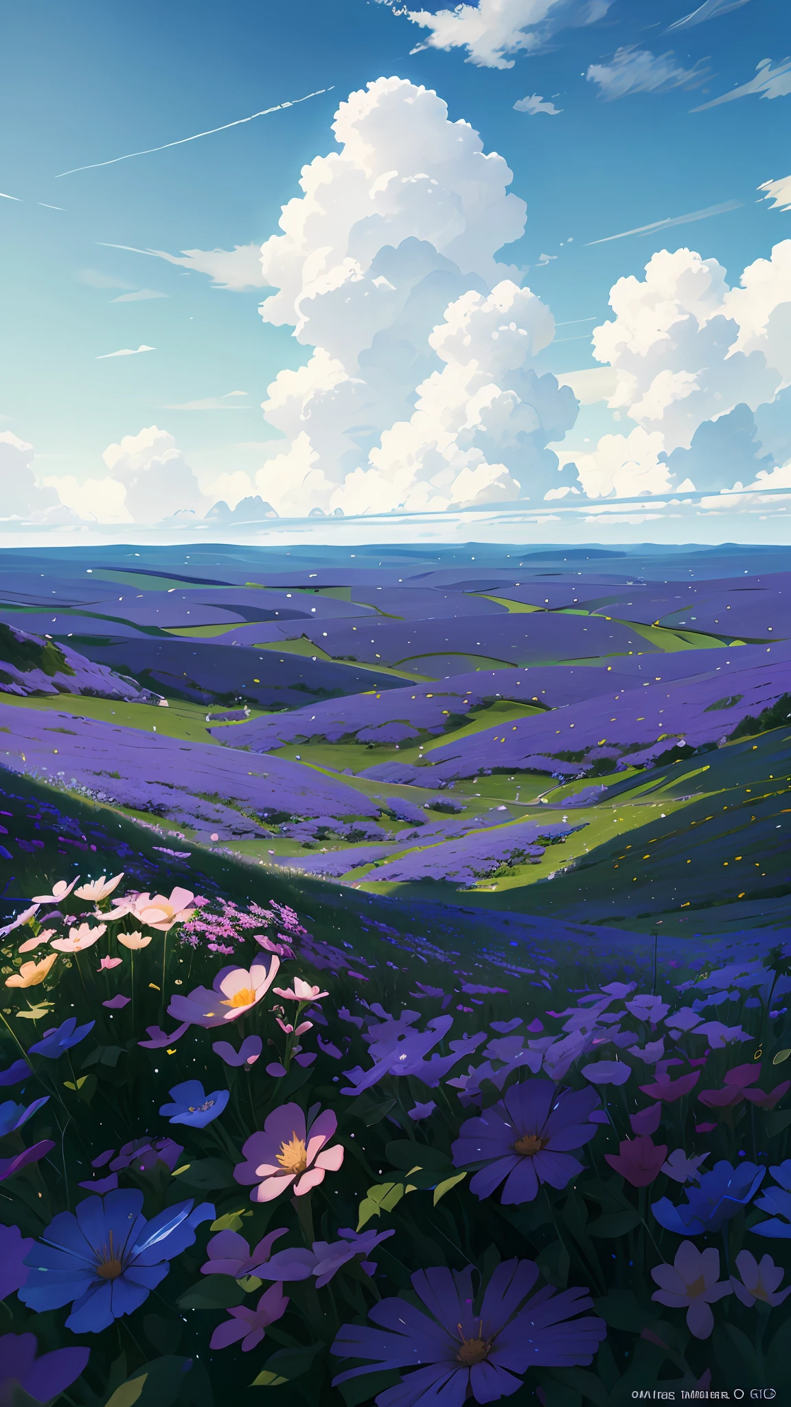 Summer, meadows, a few small flowers, heavenly views, large clouds, blue skies, hot weather, HD detail, wet watermarks, hyper-detail, cinematic, surrealism, soft light, deep field focus bokeh, ray tracing, and surrealism. --v6