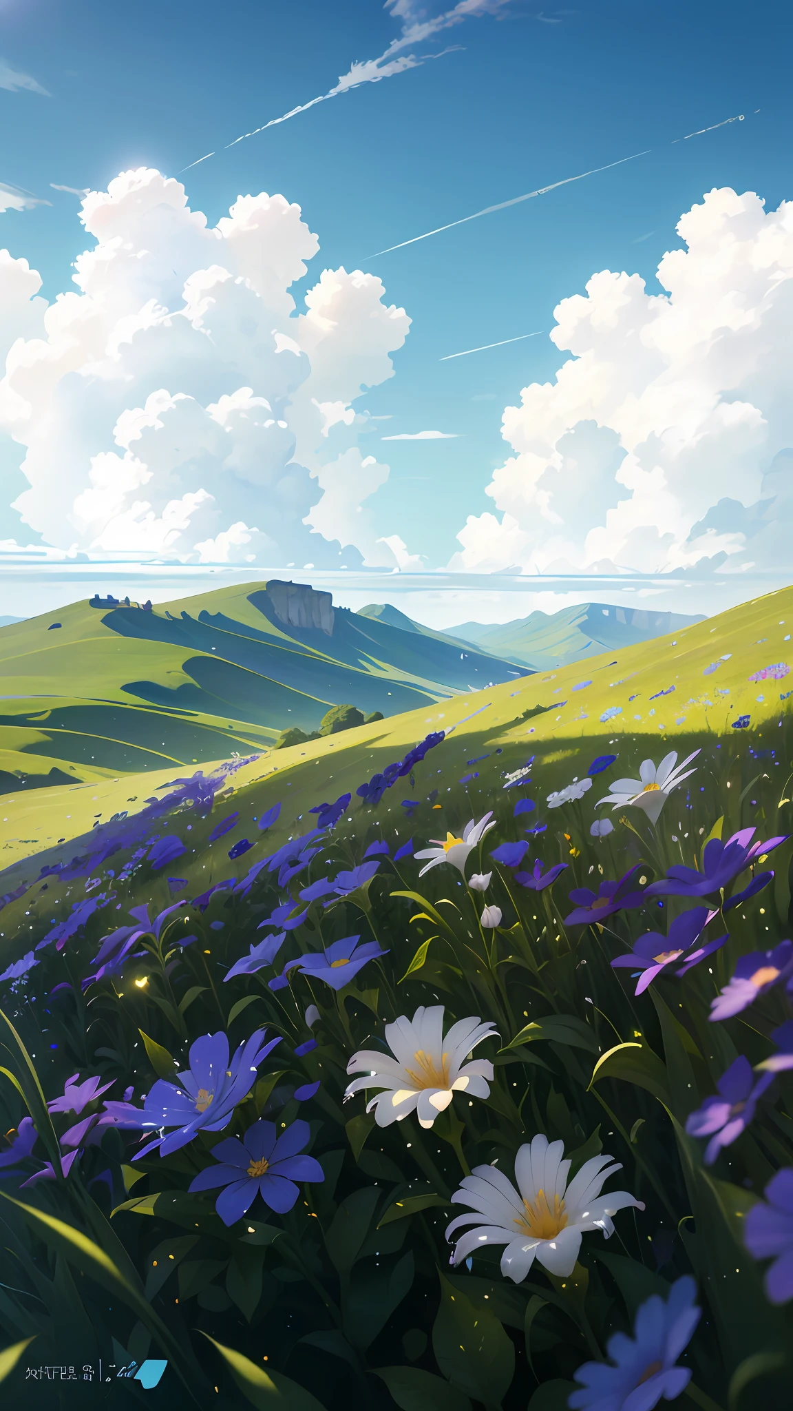 Summer, meadows, a few small flowers, heavenly views, large clouds, blue skies, hot weather, HD detail, wet watermarks, hyper-detail, cinematic, surrealism, soft light, deep field focus bokeh, ray tracing, and surrealism. --v6