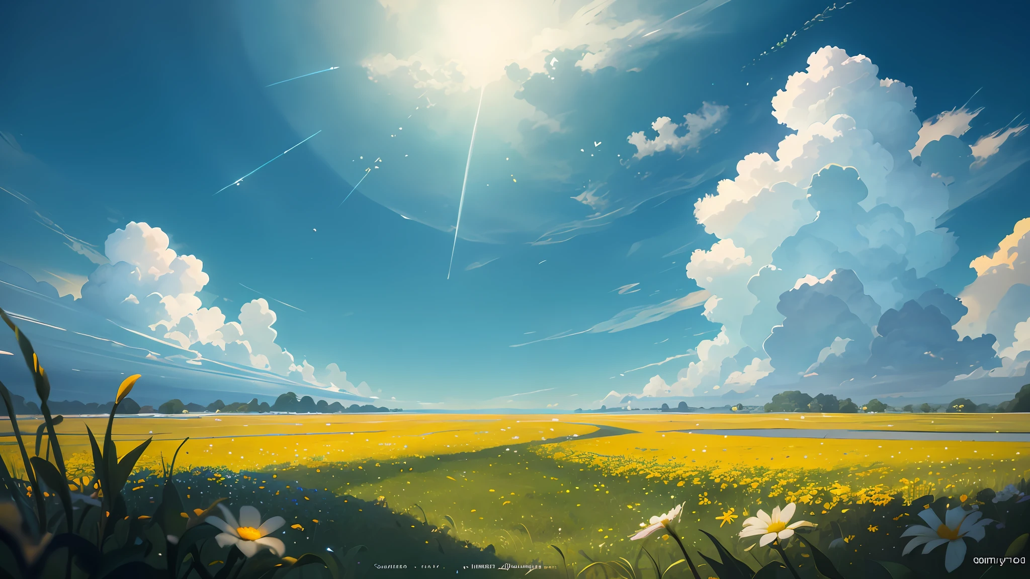 Summer, meadows, a few small flowers, paradise, large clouds, blue sky, hot weather, HD detail, hyper-detail, cinematic, surrealism, soft light, deep field focus bokeh, ray tracing, and surrealism. --v6