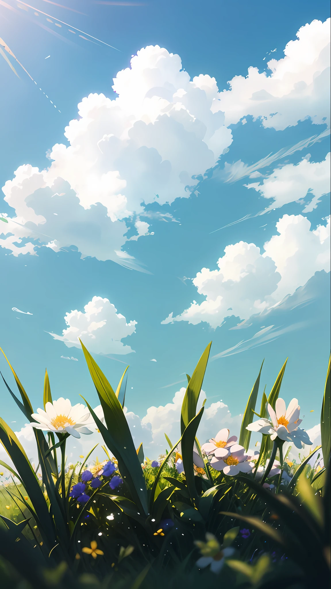 Summer, grass, a few small flowers, large clouds, blue sky, hot weather, HD detail, wet watermark, hyperdetail, cinematic, surrealism, soft light, deep field focus bokeh, ray tracing, and surrealism. --v6