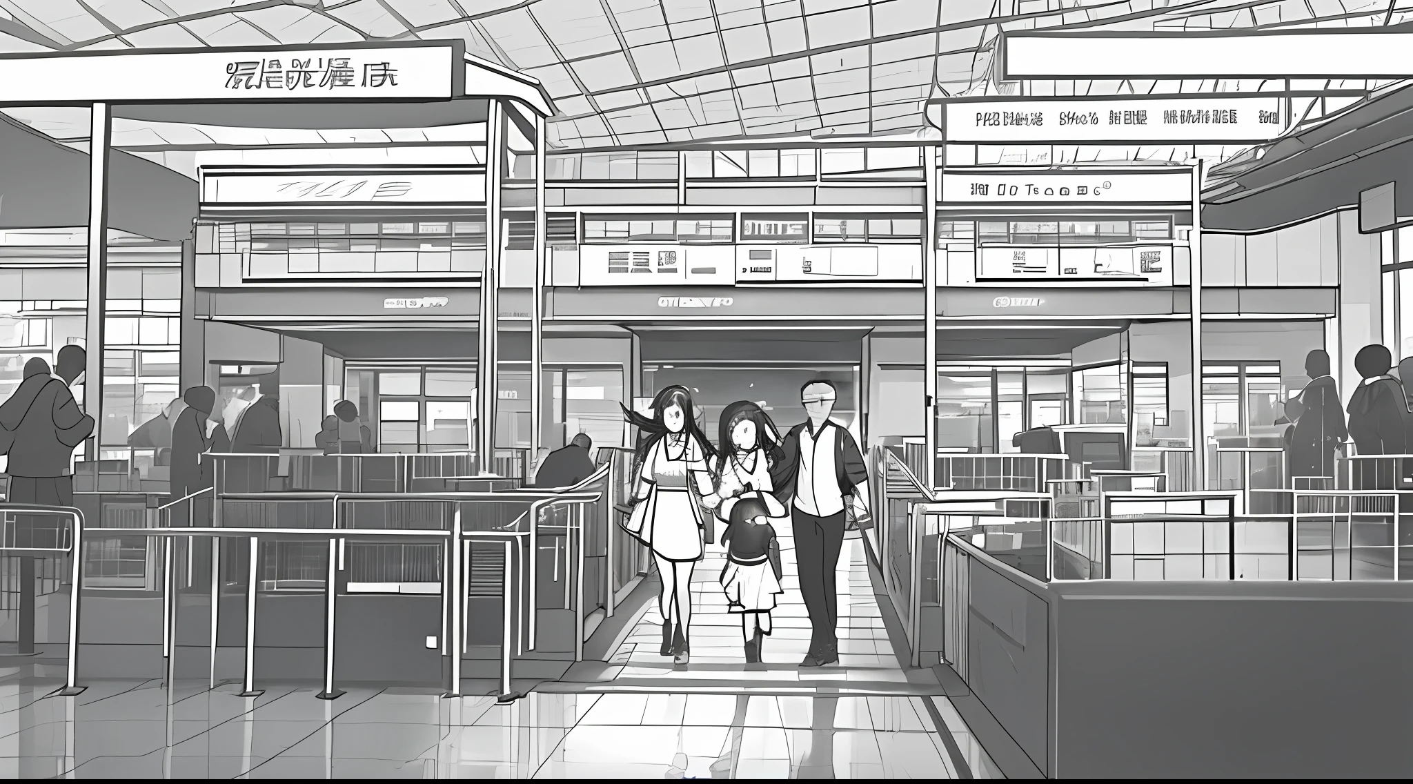 sketch,In this flat illustration, we see Meimei and her family arriving at the airport for a trip. The illustration is drawn in a colorful and vibrant style, capturing the family's sense of excitement and anticipation. Meimei and her parents are depicted carrying backpacks, ready for their adventure. The illustration shows the family checking in at the airport counter, with the airport staff assisting them. The illustration also captures the details of the airport, including the departure board and the security checkpoint. The illustration ends with the family walking towards the boarding gate, with the airplane in the background. This flat illustration is a beautiful representation of the joy of travel and the excitement of exploring new places.