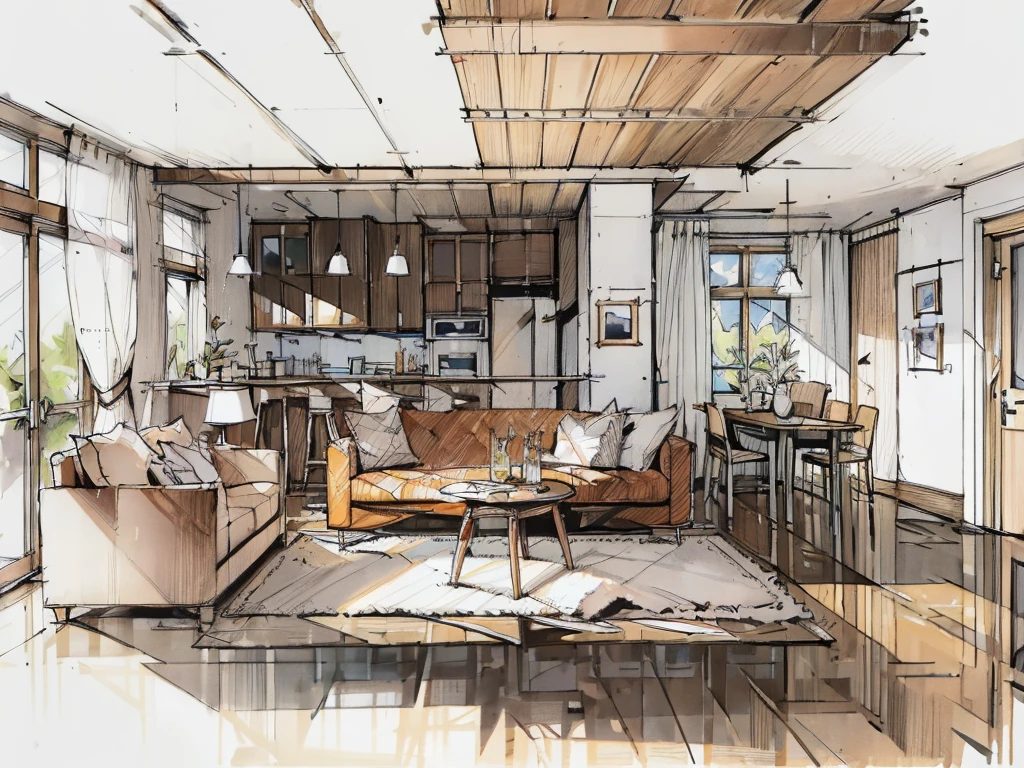 a sketch of a beautiful modern living room, (((foster and partners, artists impression, artistic impression, by Hamish MacDonald, by Carey Morris, by David Brewster, higher detailed illustration, by Helen Berman, an illustration, detailed illustration, by Nick Fudge, by Warren Mahy, artist's impression))), a red kitchen cabinet behind the white sofa, with minimal pictures on the wall,(((white walls))) linen curtain next to the classroom window, coffee table, modern wood, ceiling with magnetic emissive lighting, white fabric PRB textures, wooden floor PRB texture,