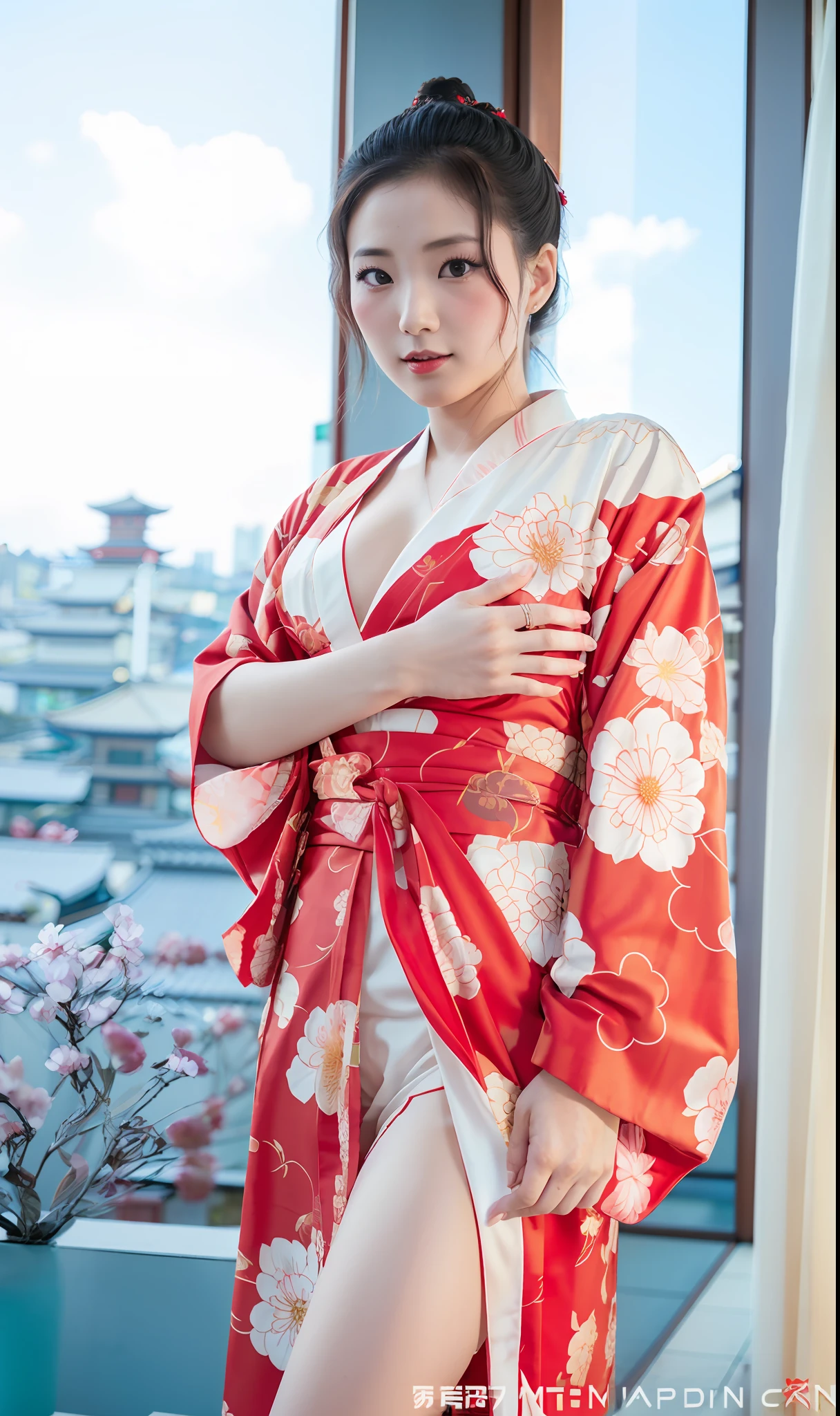 arafed asian woman in a kimono robe posing for a picture, red kimono, red kimono with flower patterns, japanese goddess, kimono, in kimono, japanese model, in a kimono, wearing kimono, sexy girl, gorgeous chinese model, sakimichan, red robe, wearing a kimono, japanese kimono, chinese girl, wearing a red cheongsam, asian girl