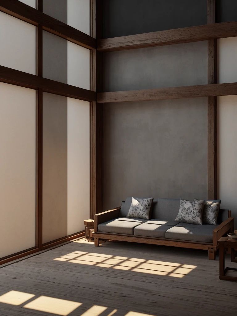 Japanese loft landscape, ink painting, color dull, cool tone, martial arts movie story style, highly detailed, dynamic, epic, realistic lighting and shadows, vibrant, 8k, Octane rendering, Unreal Engine, very detailed , Concept Art, Realistic, Cry Engine, Masterpiece, Recent Quality --v 6