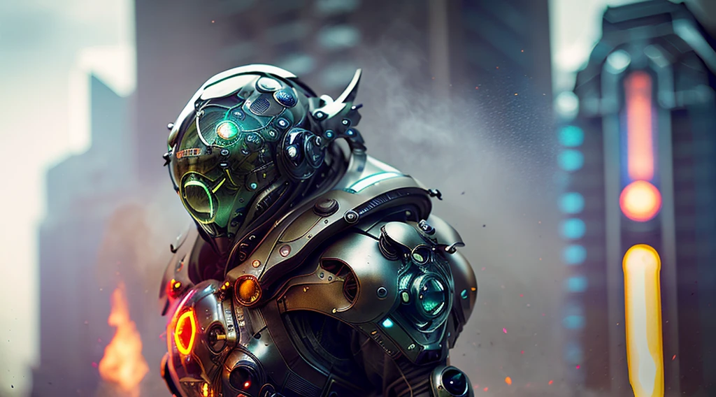 fking_scifi_v2, portrait of an alien , large eyes, helmet, armor, military, shield, slick skin, slime, large mouth, futuristic building with glass windows, fire and smoke in background, 80mm, f/1.8, dof, bokeh, depth of field, subsurface scattering, stippling