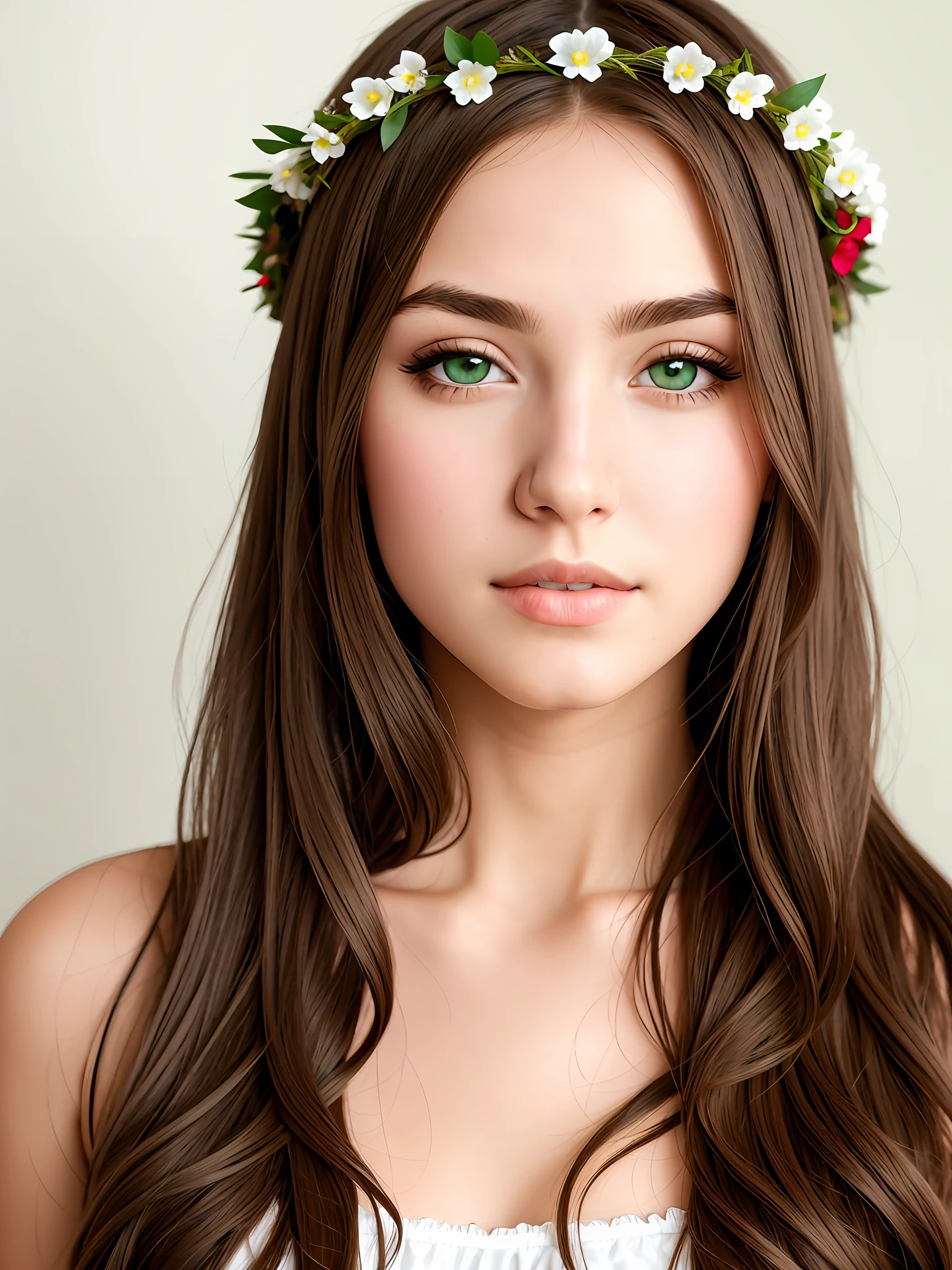 1gil, green eyes, long brown hair, flowers crown, 20 yo