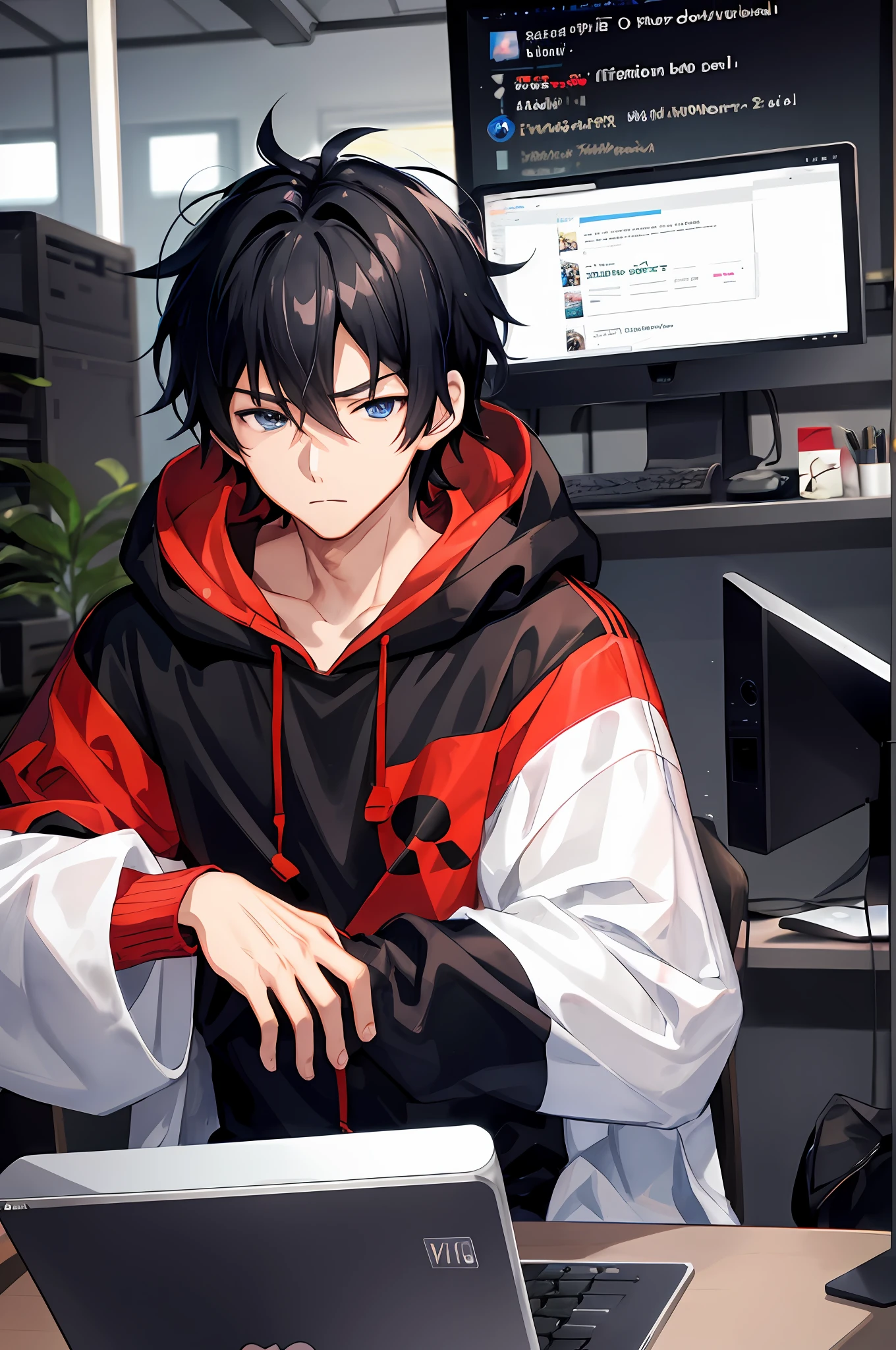 anime guy sitting at a desk with a laptop and a monitor, anime style 4 k, 4k anime wallpaper, badass anime 8 k, 4 k manga wallpaper, young anime man, anime boy, anime wallpaper 4 k, anime wallpaper 4k, high quality anime artstyle, anime moe artstyle, anime art wallpaper 8 k, anime art wallpaper 4 k, RGB lighting,