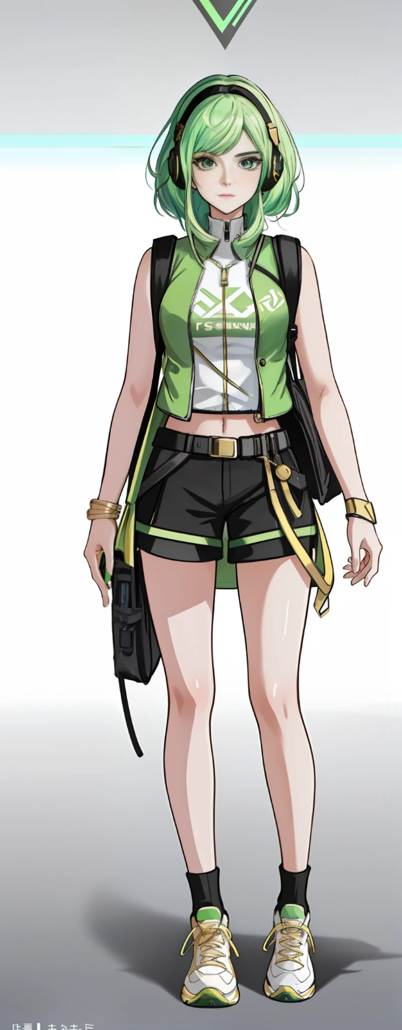 girl, vertical painting, natural light, global light, front view, fashion, gold dragon pattern, pattern, clothing, headset, zipper, buttons, pattern, logo, pleats, belt, sophisticated, generate more details, light green hair, dark green vest, light green t-shirt, black shorts, sneakers, black backpack, modern, anime style, anime, modern, futuristic, first-person perspective, panorama, concept art, uhd, masterpiece, ccurate, textured skin, super detail, high detail, high quality, Best quality, high resolution, no background, white background