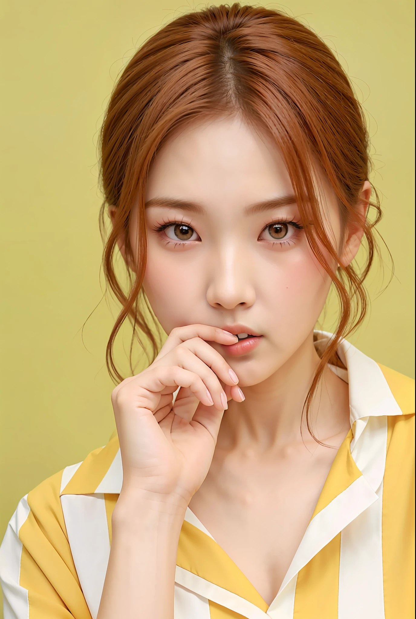 a close up of a woman with a yellow and white shirt, popular korean makeup, popular south korean makeup, wan adorable korean face, jinyoung shin, young adorable korean face, heonhwa choe, beautiful young korean woman, gorgeous young korean woman, beautiful south korean woman, korean face features, jaeyeon nam, cute korean actress