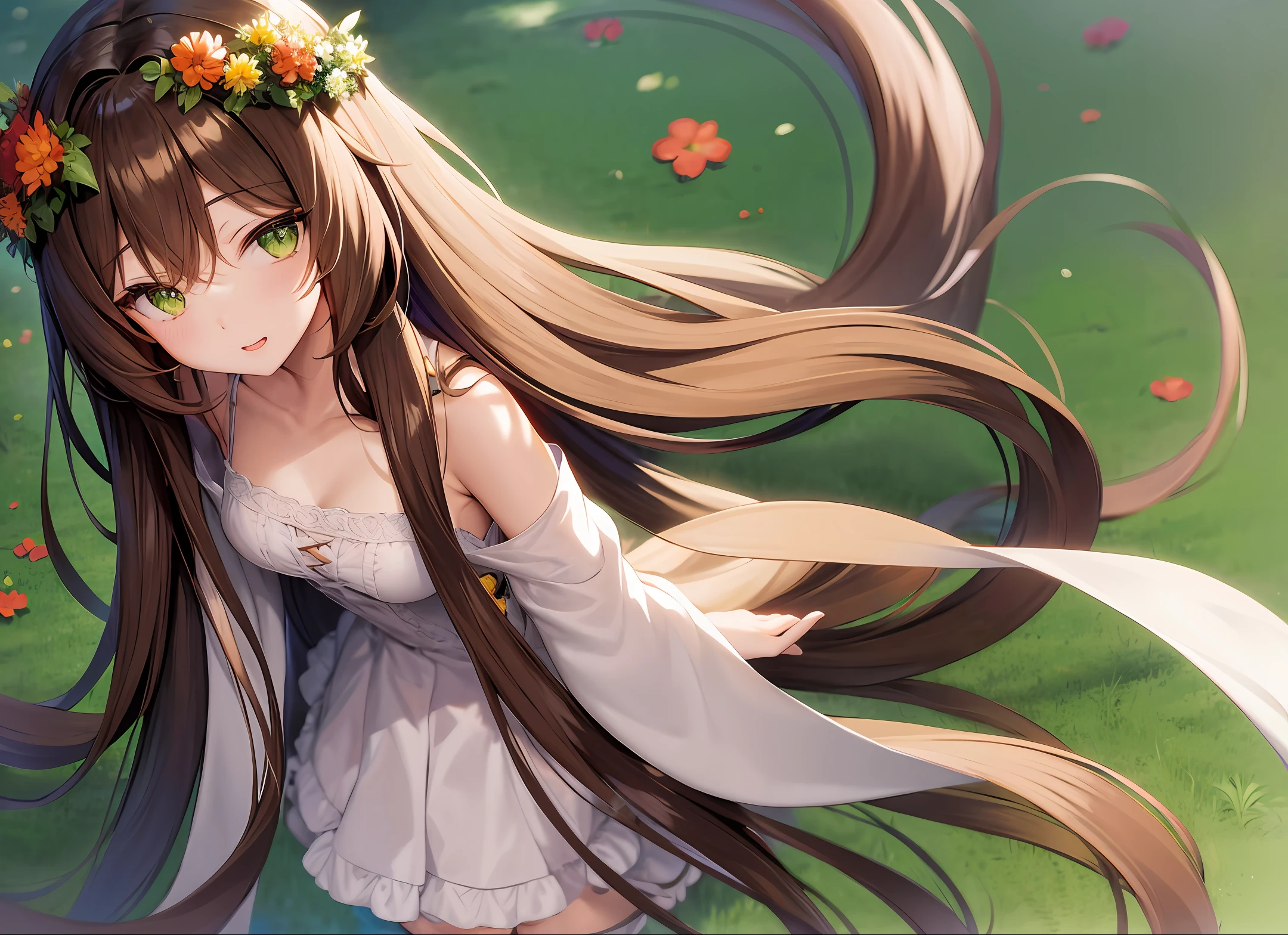 anime girl, green eyes, long brown hair, flowers crown