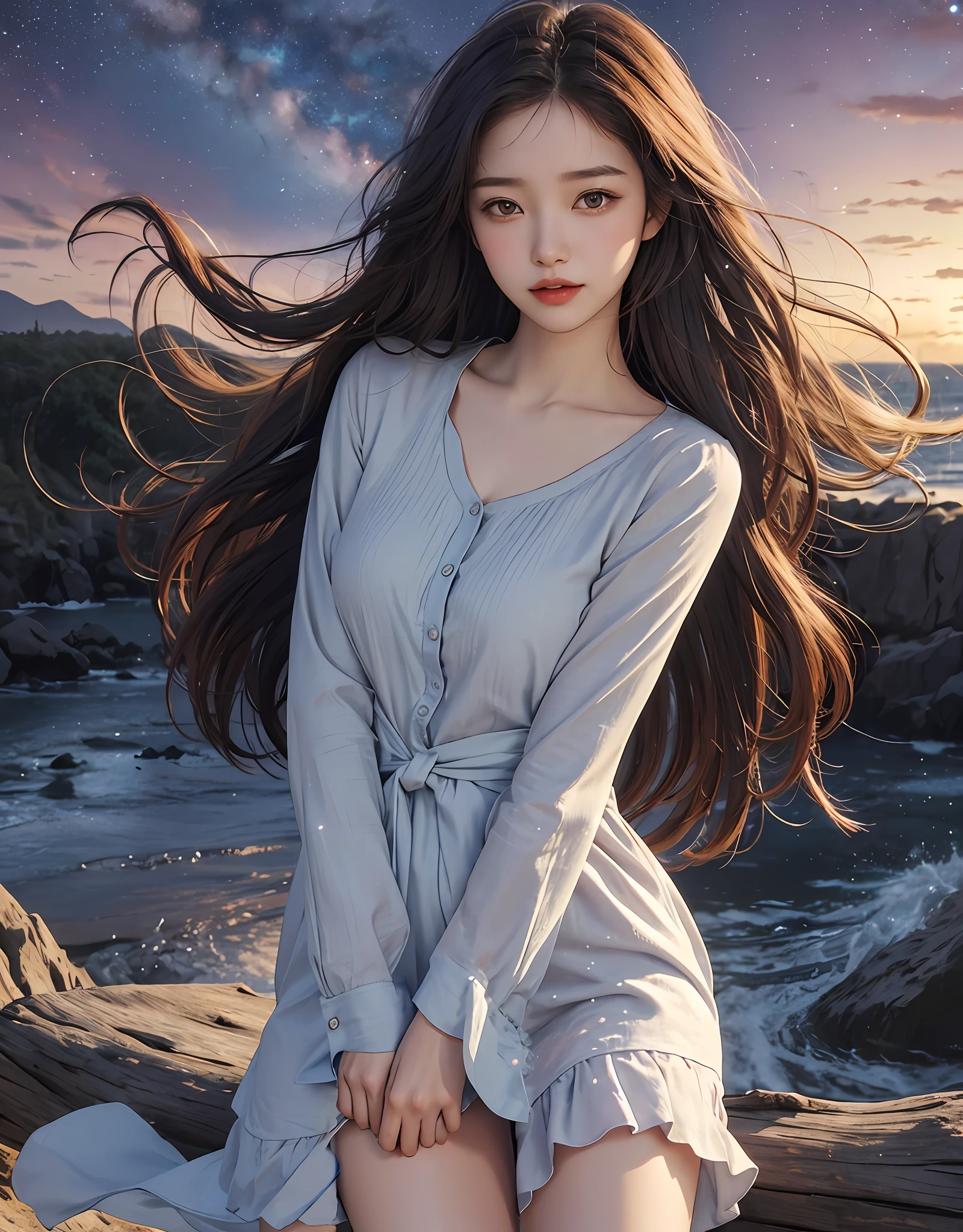realistic, high resolution, 1 girl, colorful wavy hair, korean, colored eyes, dress, inch shirt, mid-chest, thin waist, thighs, laughter, colorful starry sky, milky way