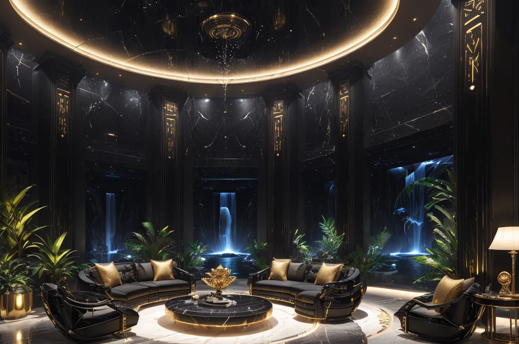 incredible black luxurious futuristic living room interior in Ancient Egyptian style with many ((lush plants)) (lotus flowers), ((palm trees)), ((african flowers)), rocky walls, ((sand)), ((waterfalls)) (marble), ((precious minerals)), ((metals)), (gemstones), crystals, clouds and ((water)), futuristic luxury furniture, (hieroglyphics), ((trees, flowers, plants made out of gemstones and precious minerals and lights)), crocodiles, (((ultra luxury))), (black marble) – with ((beautiful lights)), Unreal Engine, HQ, 16k