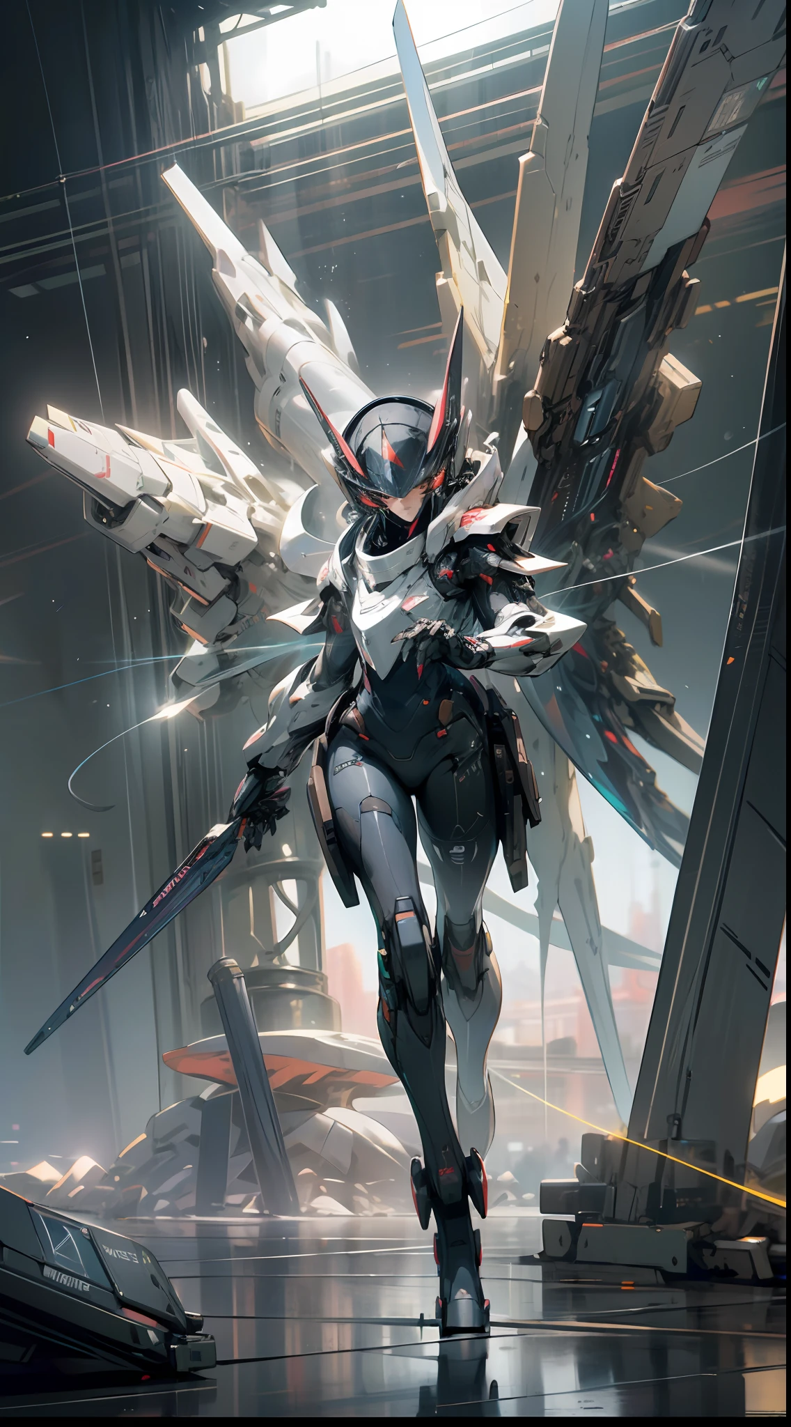 ((Best quality)), ((masterpiece)), (highly detailed:1.3), 3D, beautiful, (cyberpunk:1.2), in space, nebula, holding_weapon, (1Female mecha:1.3), facing the viewer, glowing eyes, full body, (flying, swooping down, dynamic, motion blur: 1.4), (huge mecha wings: 1.6), looking up, glowing_eyes, mecha, panorama, background is earth, nebula, space, particles, reality, HDR (High Dynamic Range), Ray Tracing, NVIDIA RTX, Super Resolution, Unreal 5, Subsurface Scattering, PBR Texturing, Post Processing, Anisotropic Filtering, Depth of Field, Maximum Clarity and Clarity, Multilayer Textures, Albedo and Specular map, Surface shading, accurate simulation of light-material interaction, perfect proportion, Octane Render, two-tone lighting, large aperture, low ISO, white balance, rule of thirds, 8K RAW, efficient sub-pixel, sub-pixel convolution,