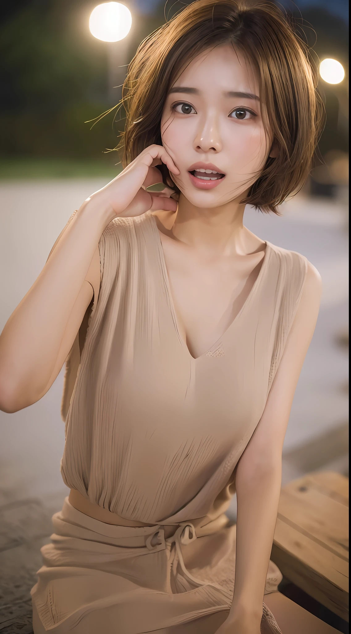 Short Hair Outdoor Fair Skin Disheveled Hair Open Mouth Japan Woman, Super Cute, Soft and Face, Brown Hair, 8K Resolution, Ultra Realistic, Super Definition, Soft Body Toned Ass Night, A Cup Small ((Highest Definition, 8k, Masterpiece: 1.3)), Super Definition Face, Super Definition Lips, Fine Eyes, Double Eyelids
