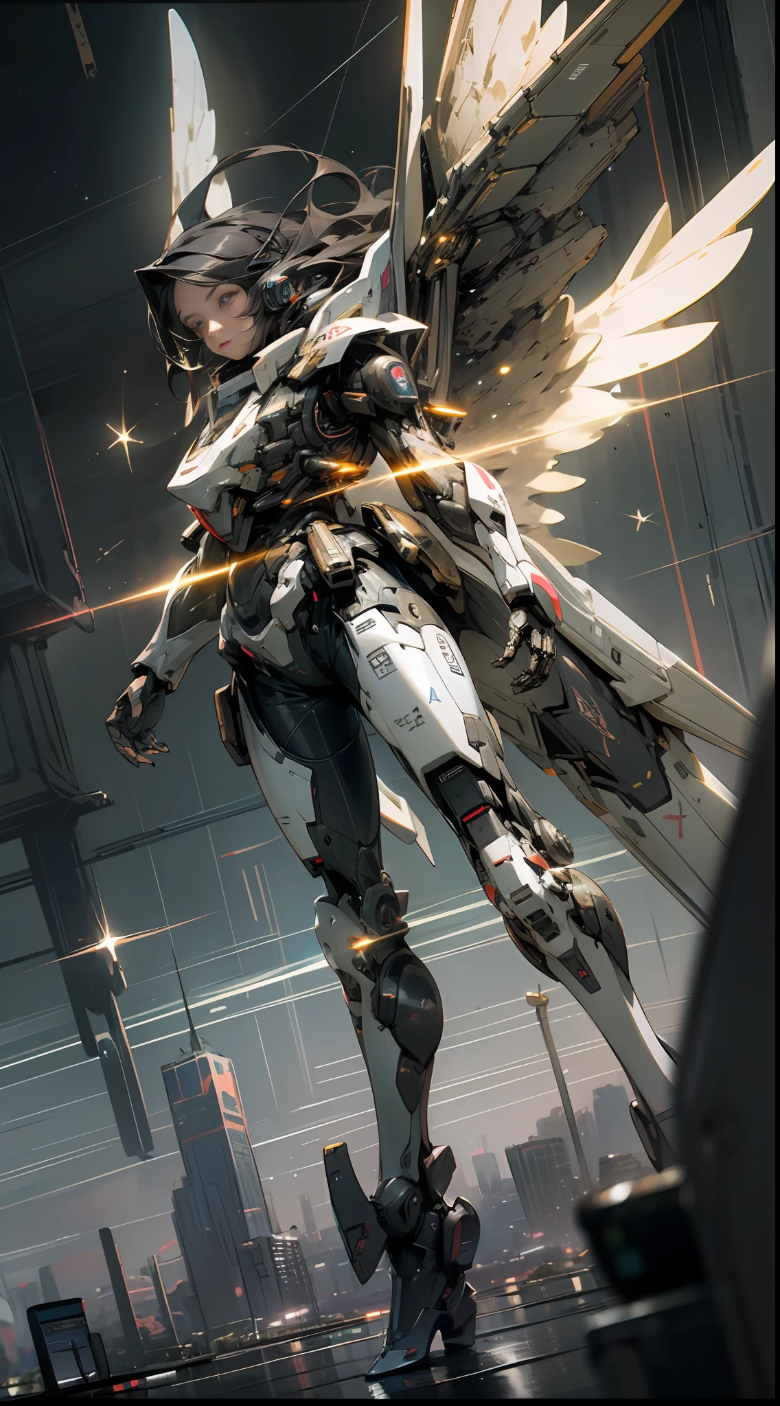 ((Best quality)), ((masterpiece)), (highly detailed:1.3), 3D, beautiful, (cyberpunk:1.2), in space, nebula, holding_weapon, (1Female mecha:1.3), facing the viewer, glowing eyes, full body, (flying, swooping down, dynamic, motion blur: 1.4), (huge mecha wings: 1.6), looking up, glowing_eyes, mecha, panorama, background is earth, nebula, space, particles, reality, HDR (High Dynamic Range), Ray Tracing, NVIDIA RTX, Super Resolution, Unreal 5, Subsurface Scattering, PBR Texturing, Post Processing, Anisotropic Filtering, Depth of Field, Maximum Clarity and Clarity, Multilayer Textures, Albedo and Specular map, Surface shading, accurate simulation of light-material interaction, perfect proportion, Octane Render, two-tone lighting, large aperture, low ISO, white balance, rule of thirds, 8K RAW, efficient sub-pixel, sub-pixel convolution,