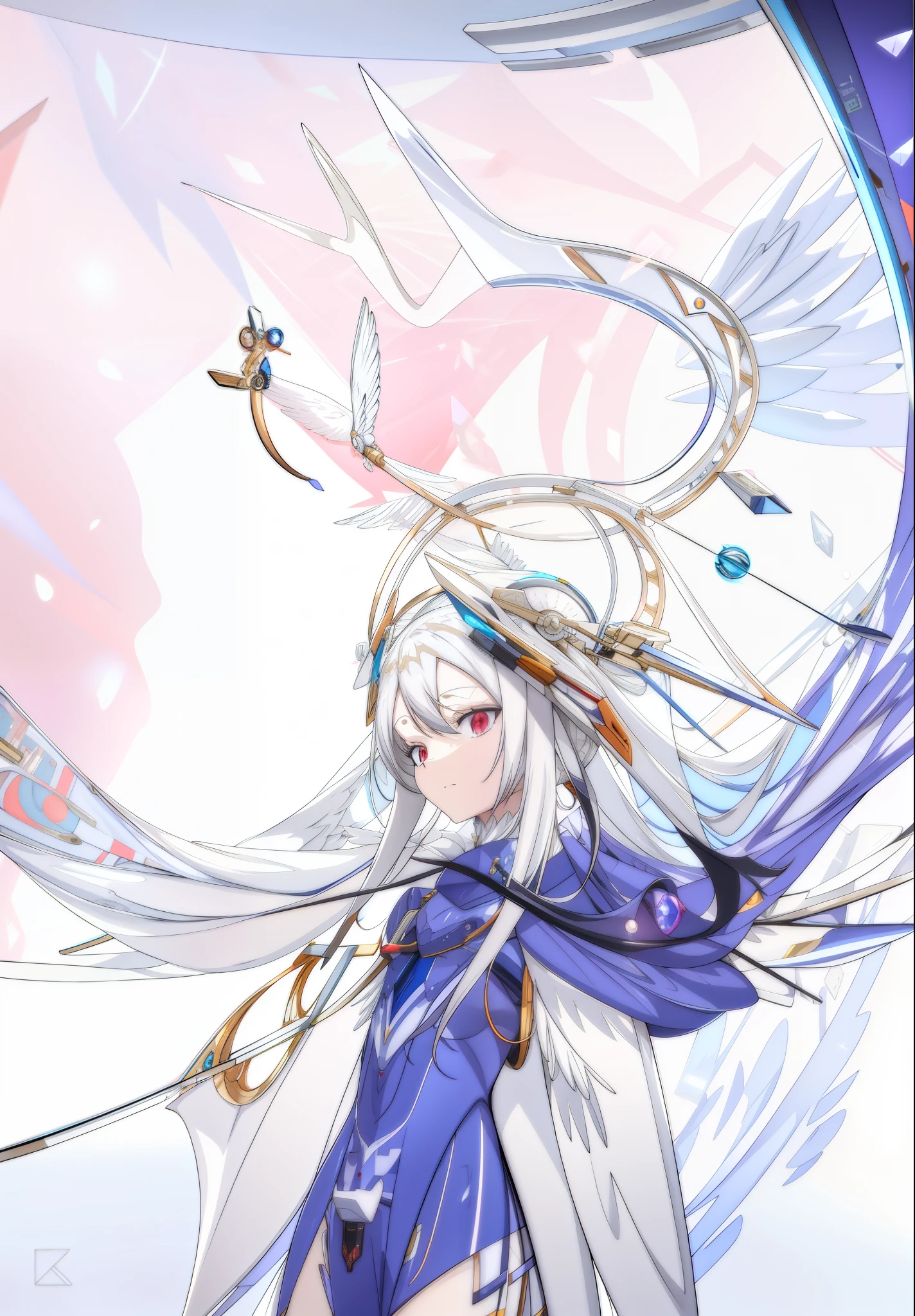 Sagging cables and ribbons, scattered wires，anime character with wings and a dress on a white background, symmetry!! concept art, mechanical wings, mecha wings, huge wings growing out of arms, symmetric concept art, pixiv contest winner, mechanical angel, symetrical wings, anime robotic mixed with organic, pixiv style, wings growing out of arms, with large wings, symmetric wings，porcelain, pearl, holographic, titanium, diamond, ruby, sapphire, gemstones, clockwork, grunge, worn edges, armor