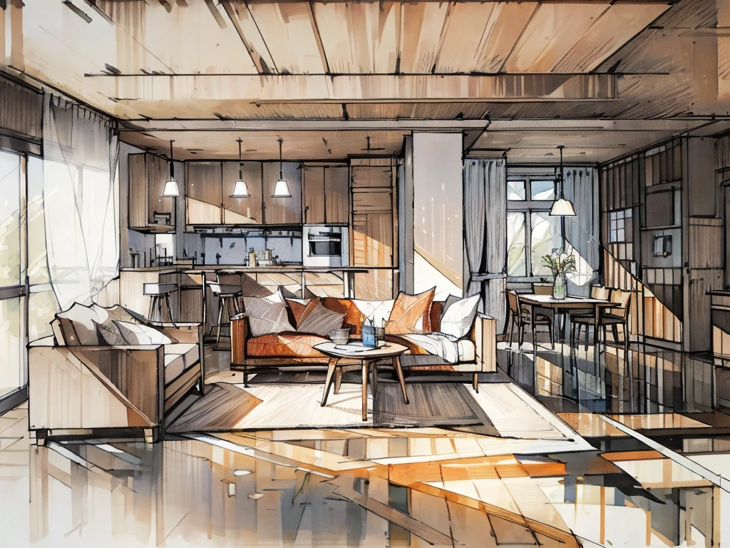a sketch of a beautiful modern living room, (((foster and partners, artists impression, artistic impression, by Hamish MacDonald, by Carey Morris, by David Brewster, higher detailed illustration, by Helen Berman, an illustration, detailed illustration, by Nick Fudge, by Warren Mahy, artist's impression))), a red kitchen cabinet behind the white sofa, with minimal pictures on the wall, linen curtain next to the classroom window, coffee table, modern wood, ceiling with magnetic emissive lighting, white fabric PRB textures, wooden floor PRB texture,