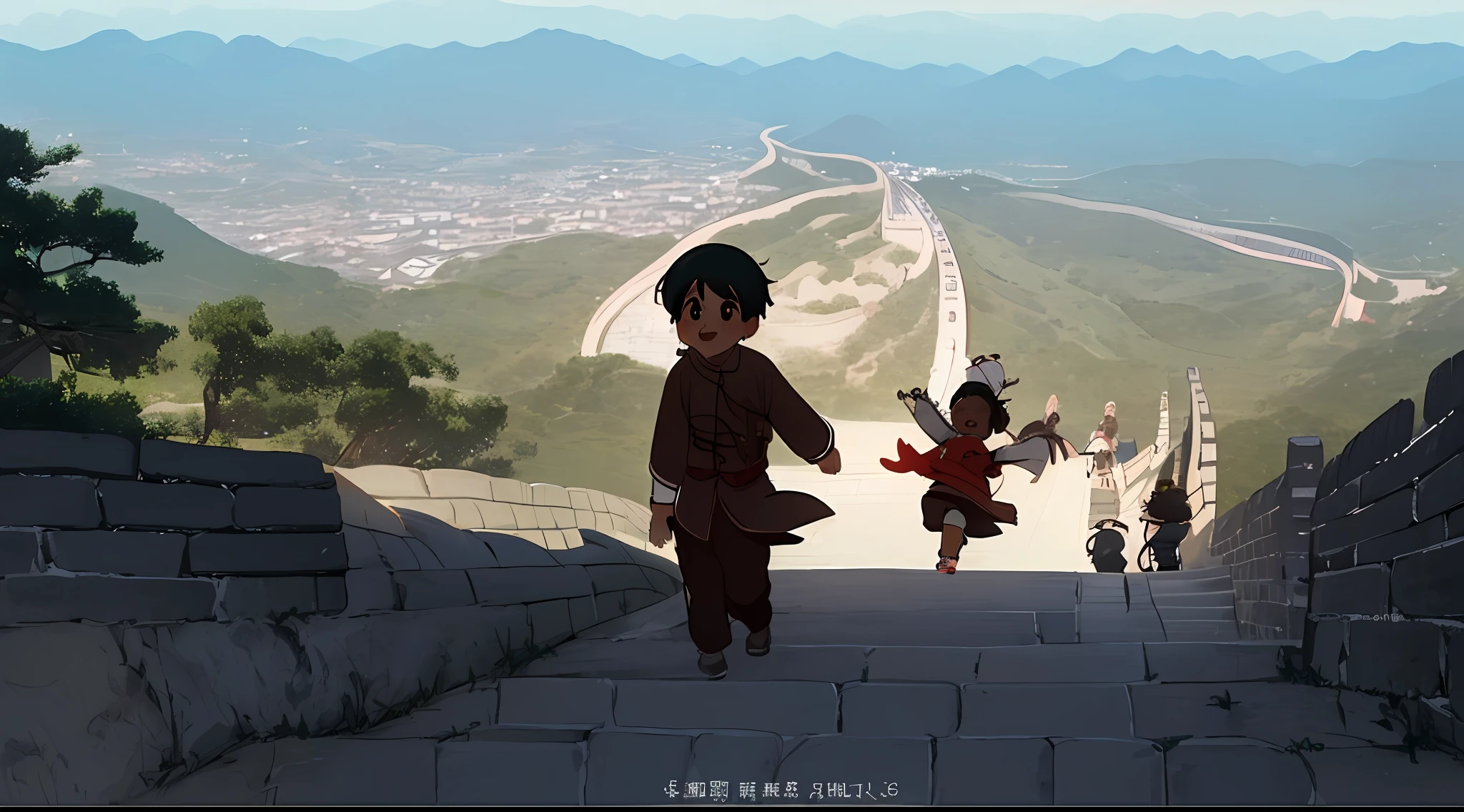 sketch,In this flat illustration, we see Meimei, a10-year-old girl, climbing the Great Wall of China with a little African boy. The illustration is drawn in a colorful and vibrant style, capturing the children's sense of adventure and determination. Meimei is depicted wearing comfortable and practical clothing, and the illustration focuses on her face, capturing her sense of excitement and encouragement. The little African boy is also depicted wearing comfortable clothing, and the illustration shows him holding Meimei's hand as they climb the stairs of the Great Wall. The illustration also captures the details of the Great Wall, including the watchtowers and the surrounding mountains. The illustration ends with the children reaching the top of the Great Wall, with a beautiful view of the landscape in the background. This flat illustration is a beautiful representation of the power of human connection and the beauty of cultural exchange, transcending language and cultural barriers, and the awe-inspiring beauty of the Great Wall of China.