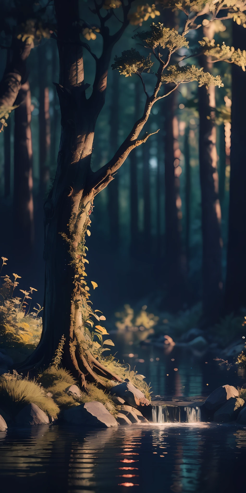 Masterpiece, best quality, (very detailed CG unified 8k wallpaper), (best quality), (best illustration), (best shadow), glowing elf with a glowing deer, drinking water in the pool, natural elements in forest theme. Mysterious forest, beautiful forest, nature, surrounded by flowers, delicate leaves and branches surrounded by fireflies (natural elements), (jungle theme), (leaves), (branches), (fireflies), (particle effects) and other 3D, Octane rendering, ray tracing, super detailed --v6, animals (in the play)