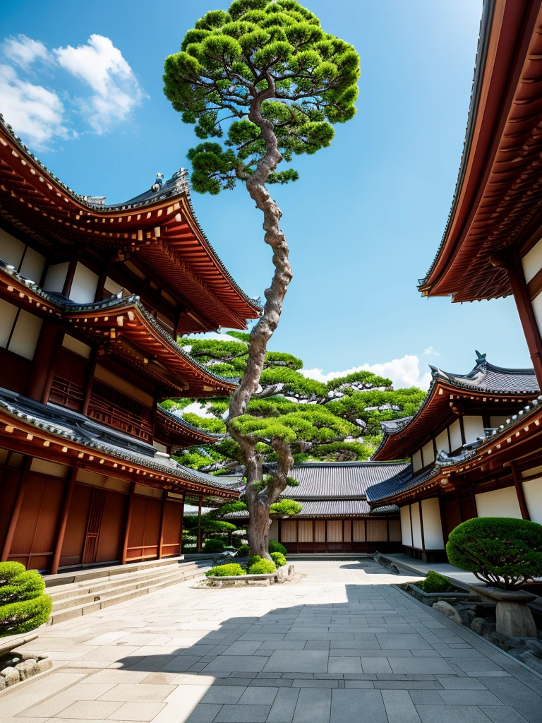 (masterpiece),(high quality), best quality, real,(realistic), super detailed, (full detail),(4k),8k,no humans, scenery, building, Japanese architecture, cloud, sky, east asian architecture, outdoors, day, tree