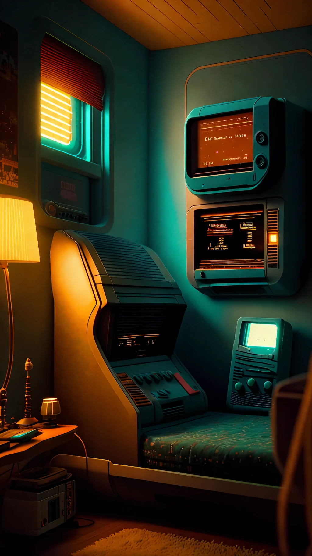 photo of a cozy upscale Atari-64 neo-gameboy futurism bedroom