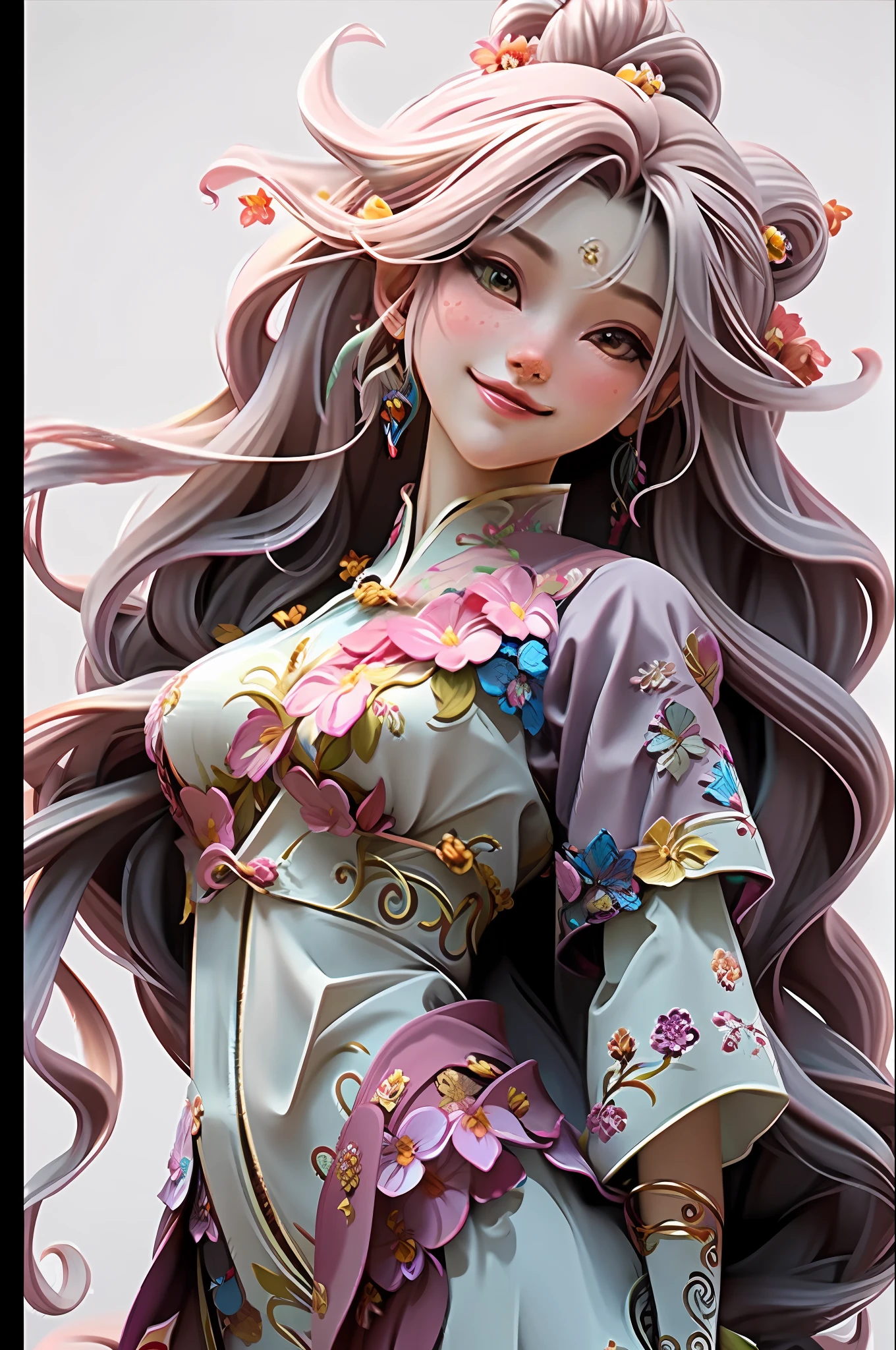 GeminiArmor, Masterpiece, Best Quality, Focus, 1girl, Solo, Long White Hair, Official Art, Uniform 8k Wallpaper, Ultra Detailed, Beautiful and Aesthetic, Masterpiece, Best Quality, Realism, (Zentangle, Mandala, Tangled, Entangled), (Fractal Art), (Silk Ecstasy: 1.5 ), Cobweb, Chains, Extremely Meticulous, Dynamic Angle, Epic Composition, Most Beautiful Chaotic Forms, Elegance, Fauvist Design, Bright Colors, Romanticism, Stroke Flowers, Gray Mist, Smile, in traditional Chinese style, zbrush, contrasting light and dark tones, children's book illustration, Chinese punk, captivating visual narrative, innovative page design