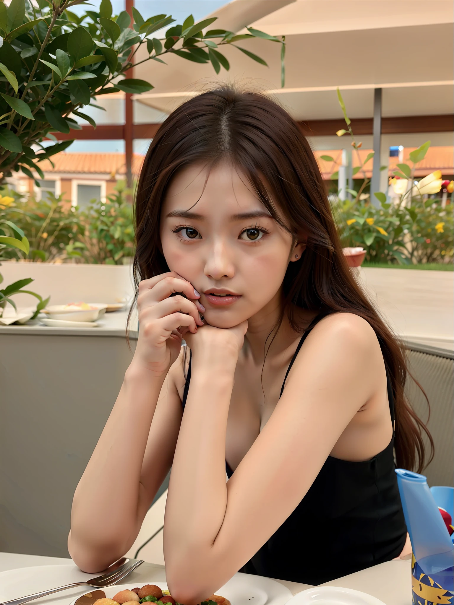 araffe woman sitting at a table with a plate of food, 21 years old, 2 8 years old, 2 2 years old, 2 7 years old, 18 years old, 2 3 years old, very low quality, 2 9 years old, xintong chen, dilraba dilmurat, 2 4 years old, xision wu, chinese girl