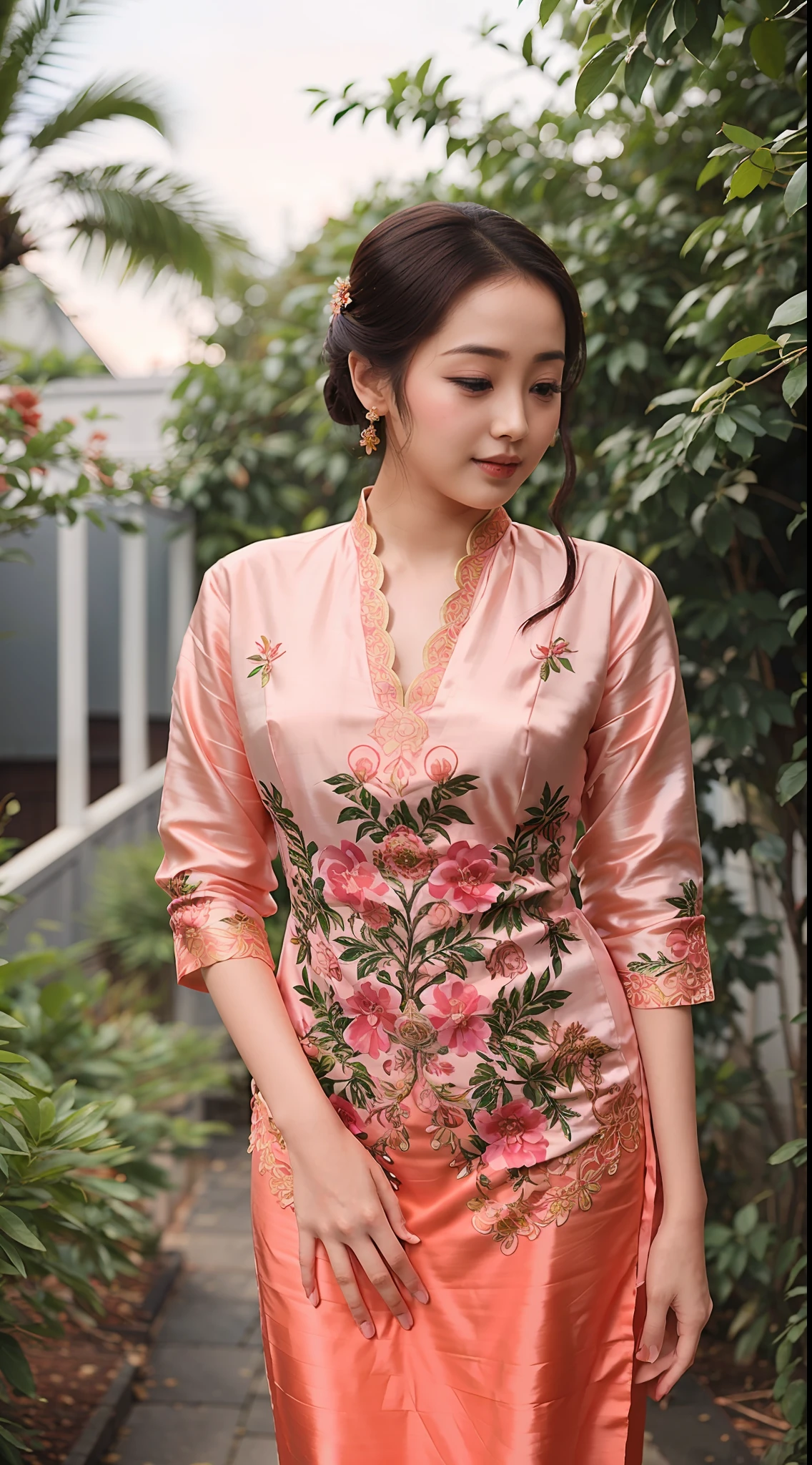 a woman in a pink dress standing in front of a bush, dilraba dilmurat, nivanh chanthara, wearing beautiful clothes, in style of lam manh, idian dress, very beautiful enga style, wearing a kurta, traditional beauty, wearing a silk kurta, with lovely look, ao dai, beautiful asian girl, wearing gorgeous clothing