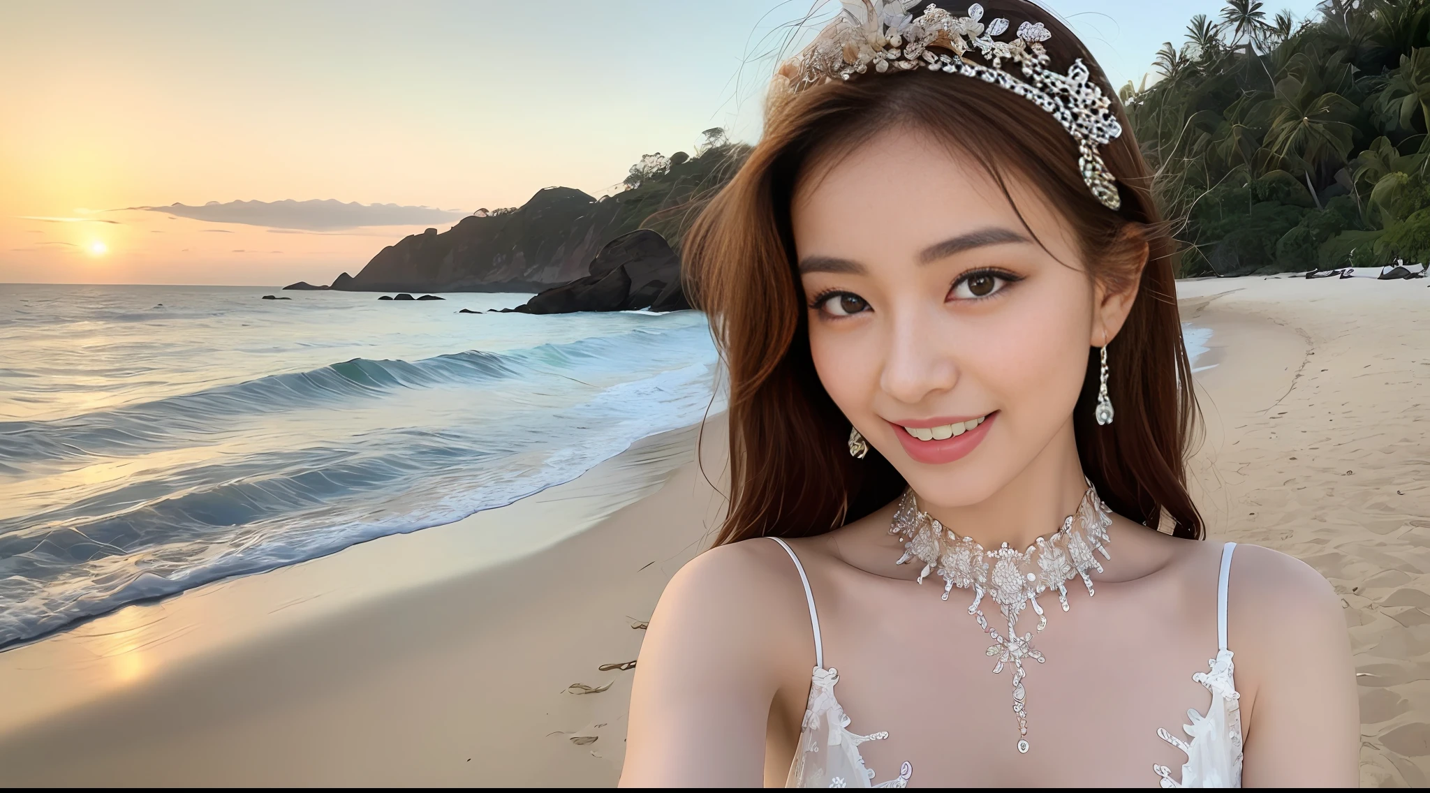 ((Best Quality, 8K, Masterpiece: 1.3)), Sharp: 1.2, Perfect Body Beauty: 1.4, Slim Abs: 1.2, ((Brown Hairstyle, Big Breasts: 1.1)), (Beach, Sea: 1.3), Wedding dress with exquisite details, smile, 2 beauties, standing on the beach, Delicate headdress, Delicate necklace,